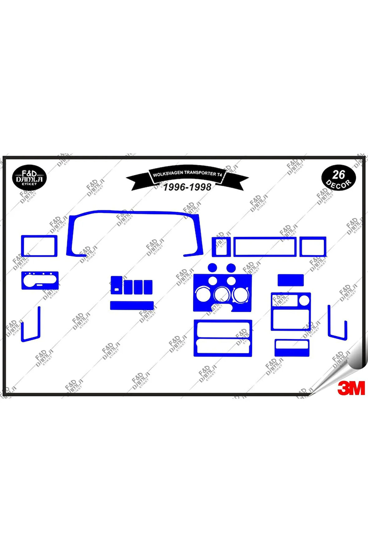 Volkswagen Transporter T4 1996-1998 Torpido Konsol Trim Göğüs Maun Kaplama Set 26 Parça Mavi