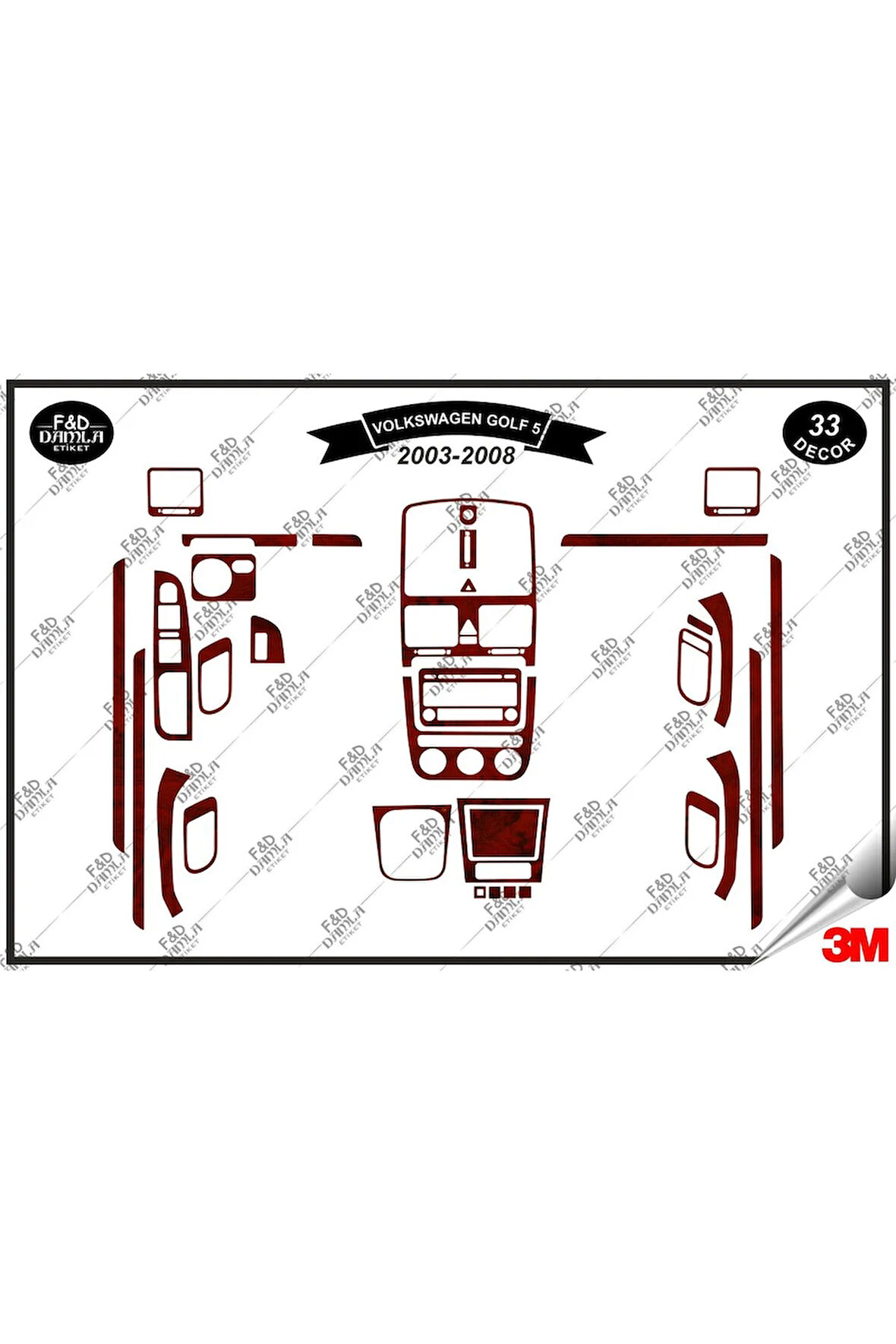 Volkswagen Golf 5 2003-2008 Torpido Konsol Trim Göğüs Maun Kaplama Set 33 Parça Maun