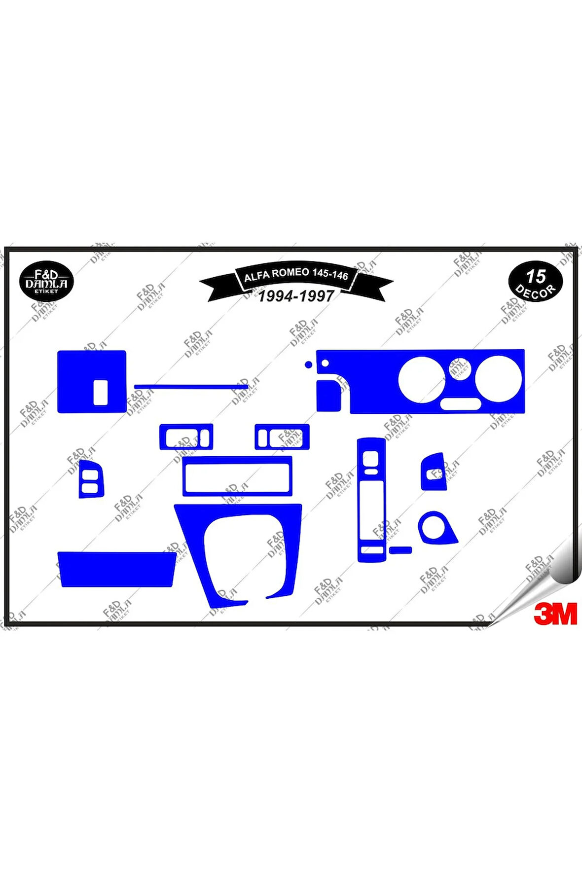 Alfa Romeo 145 146 (1994-1997) Torpido Konsol Trim Göğüs Maun Kaplama Set 31 Parça Mavi