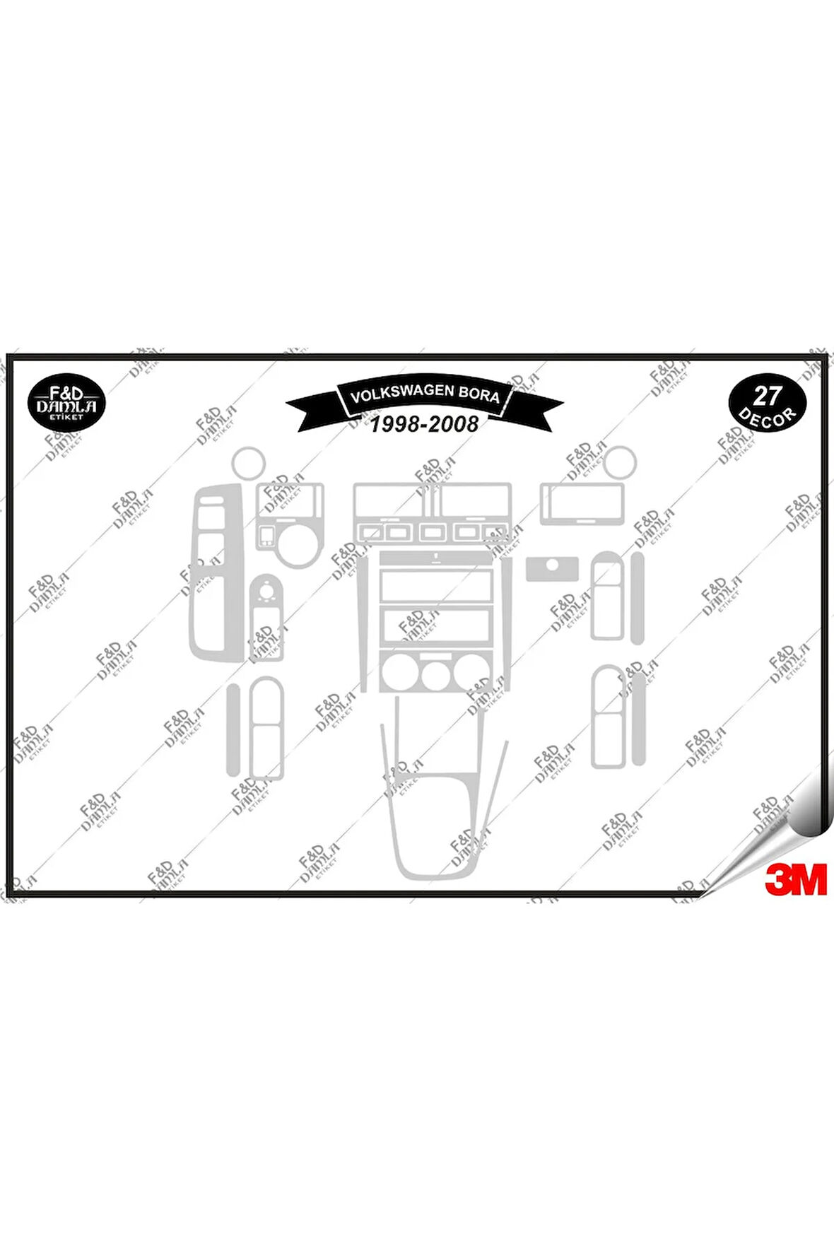 Volkswagen Bora 1998-2008 Torpido Konsol Trim Göğüs Maun Kaplama Set 27 Parça Gümüş