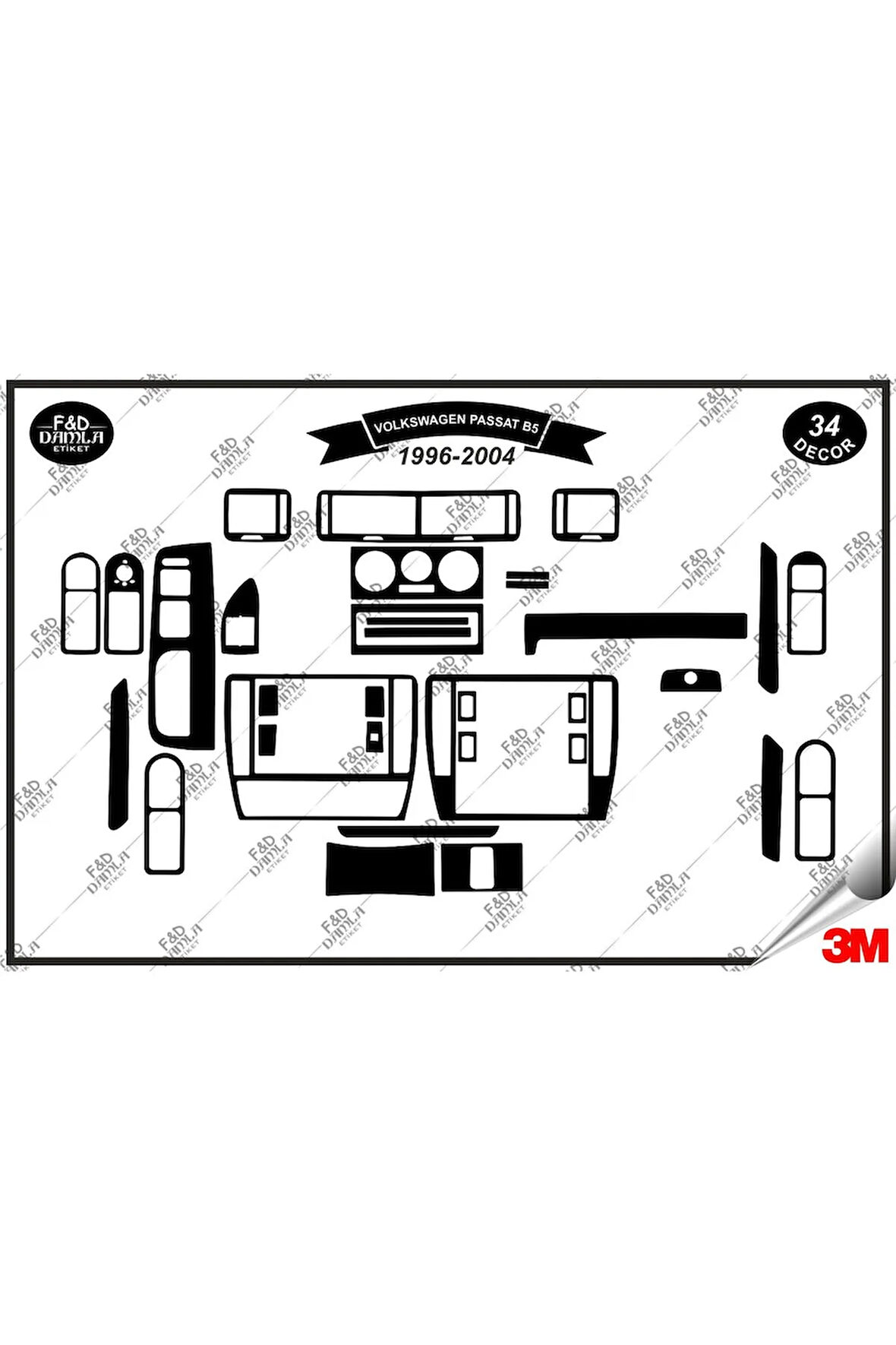 Volkswagen Passat B5 1996-2004 Torpido Konsol Trim Göğüs Maun Kaplama Set 34 Parça Siyah