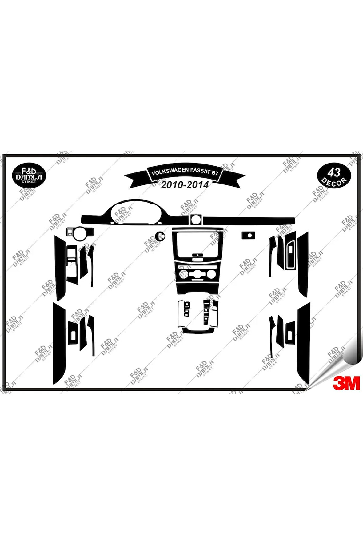 Volkswagen Passat B7 2010-2014 Torpido Konsol Trim Göğüs Maun Kaplama Set 43 Parça Siyah