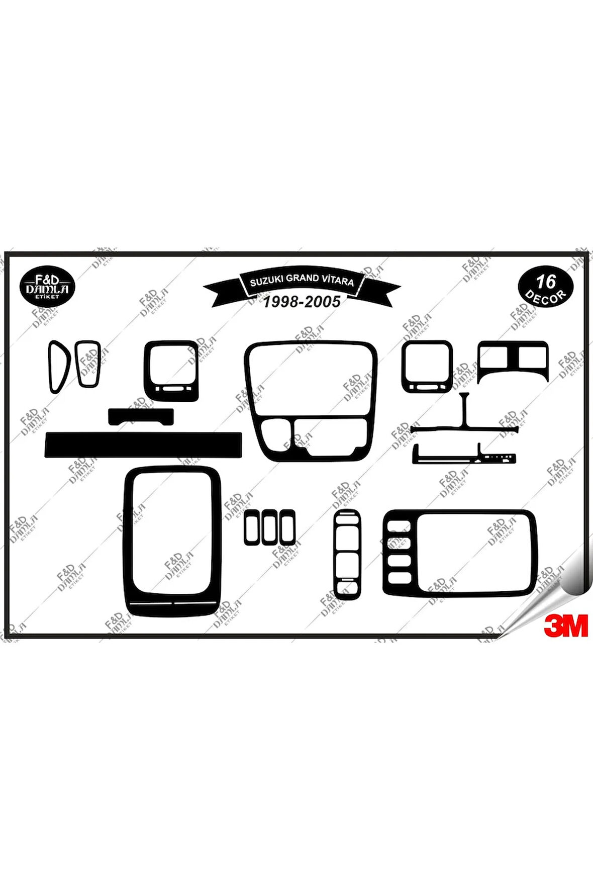 Suzuki Grand Vitara 1998-2005 Torpido Konsol Trim Göğüs Maun Kaplama Set 16 Parça Siyah
