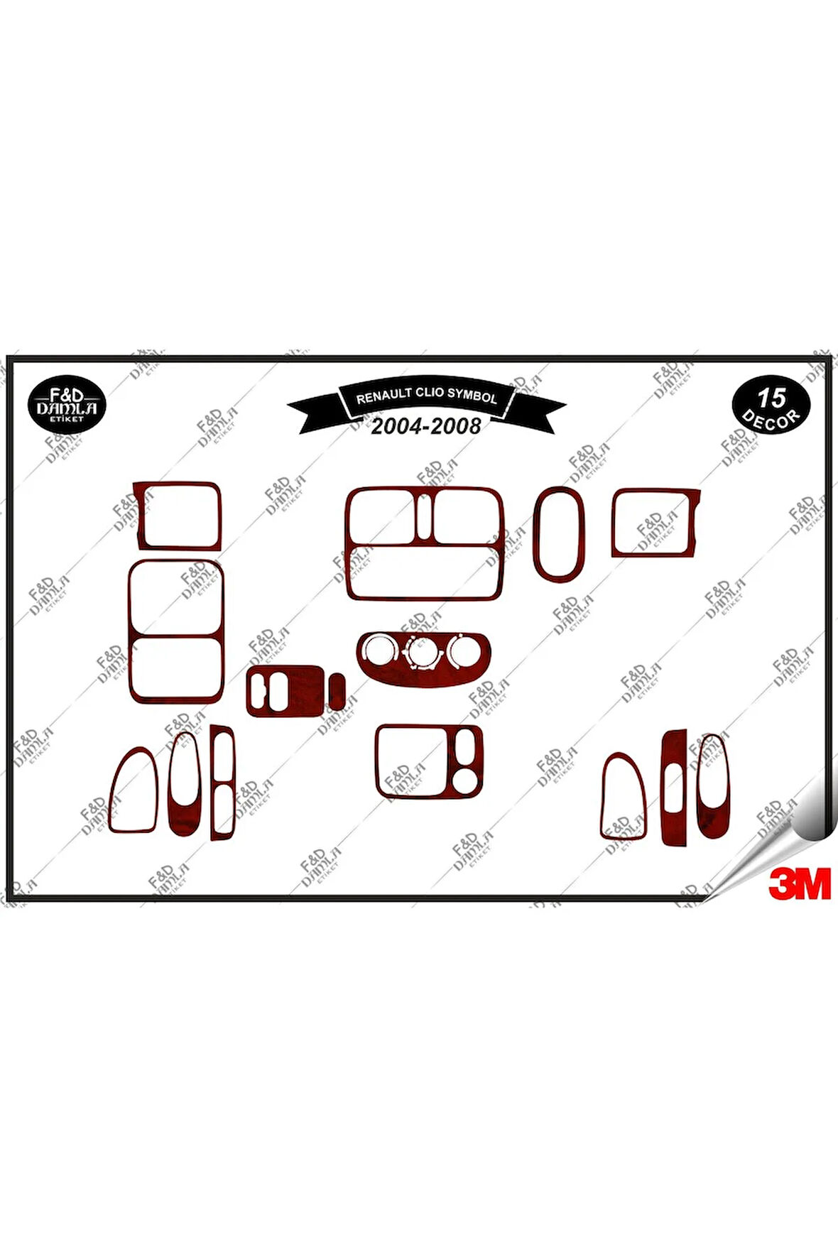 Renault Clio Symbol 2004-2008 Torpido Konsol Trim Göğüs Maun Kaplama Set 15 Parça Maun
