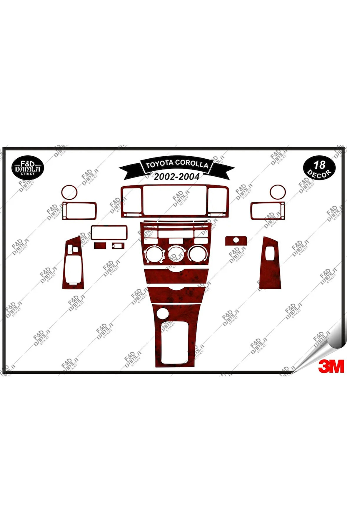 Toyota Corolla 2002-2004 Torpido Konsol Trim Göğüs Maun Kaplama Set 18 Parça Maun