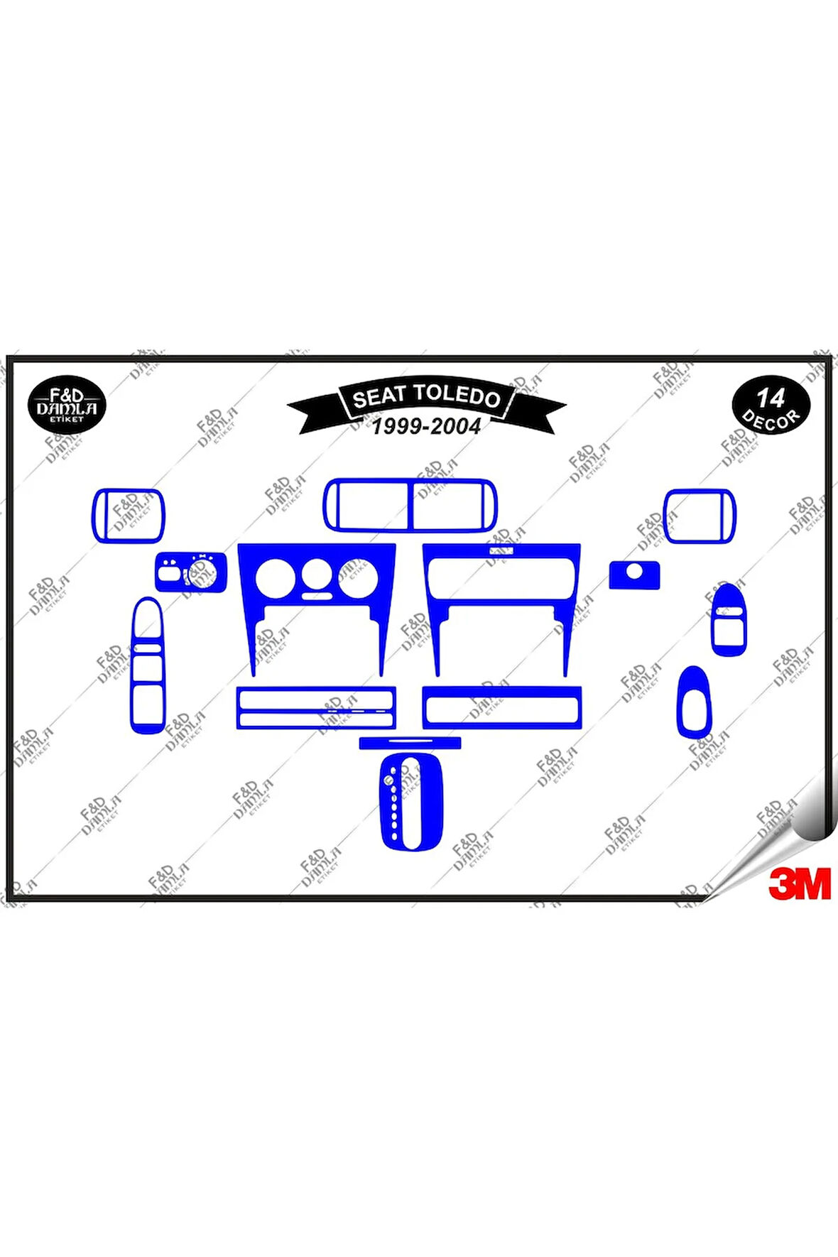 Seat Toledo 1999-2004 Torpido Konsol Trim Göğüs Maun Kaplama Set 14 Parça Mavi