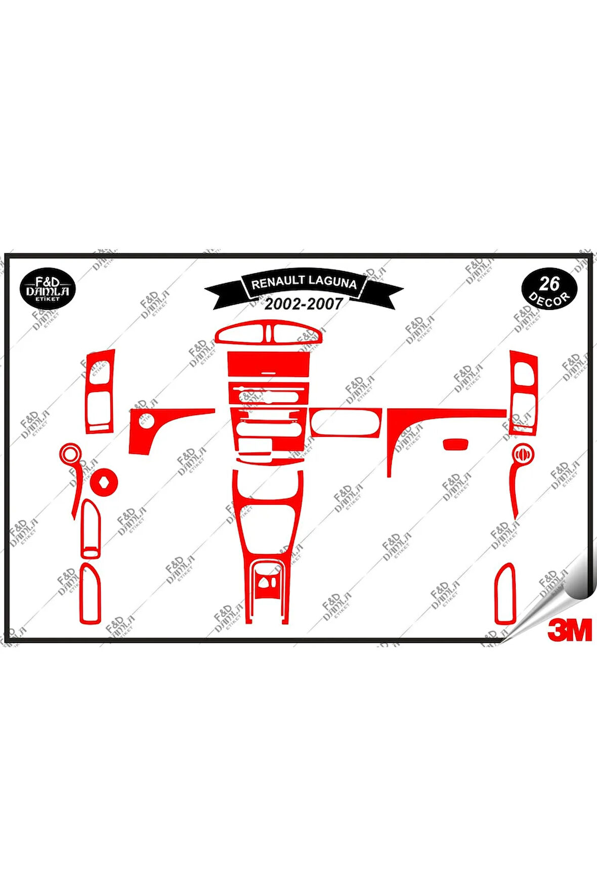 Renault Laguna 2002- 2007 Torpido Konsol Trim Göğüs Maun Kaplama Set 26 Parça Kırmızı