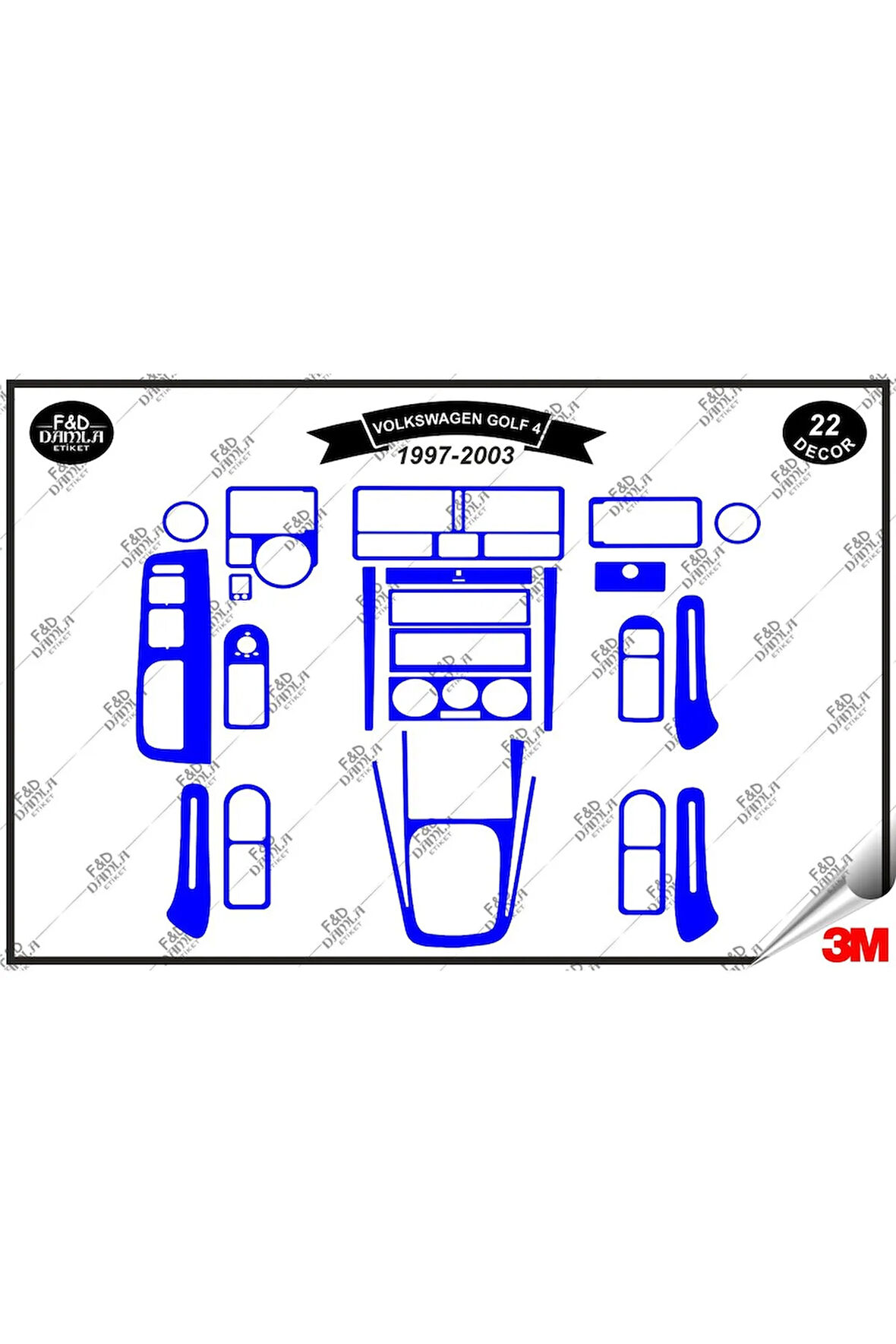 Volkswagen Golf 4 1997-2003 Torpido Konsol Trim Göğüs Maun Kaplama Set 22 Parça Mavi
