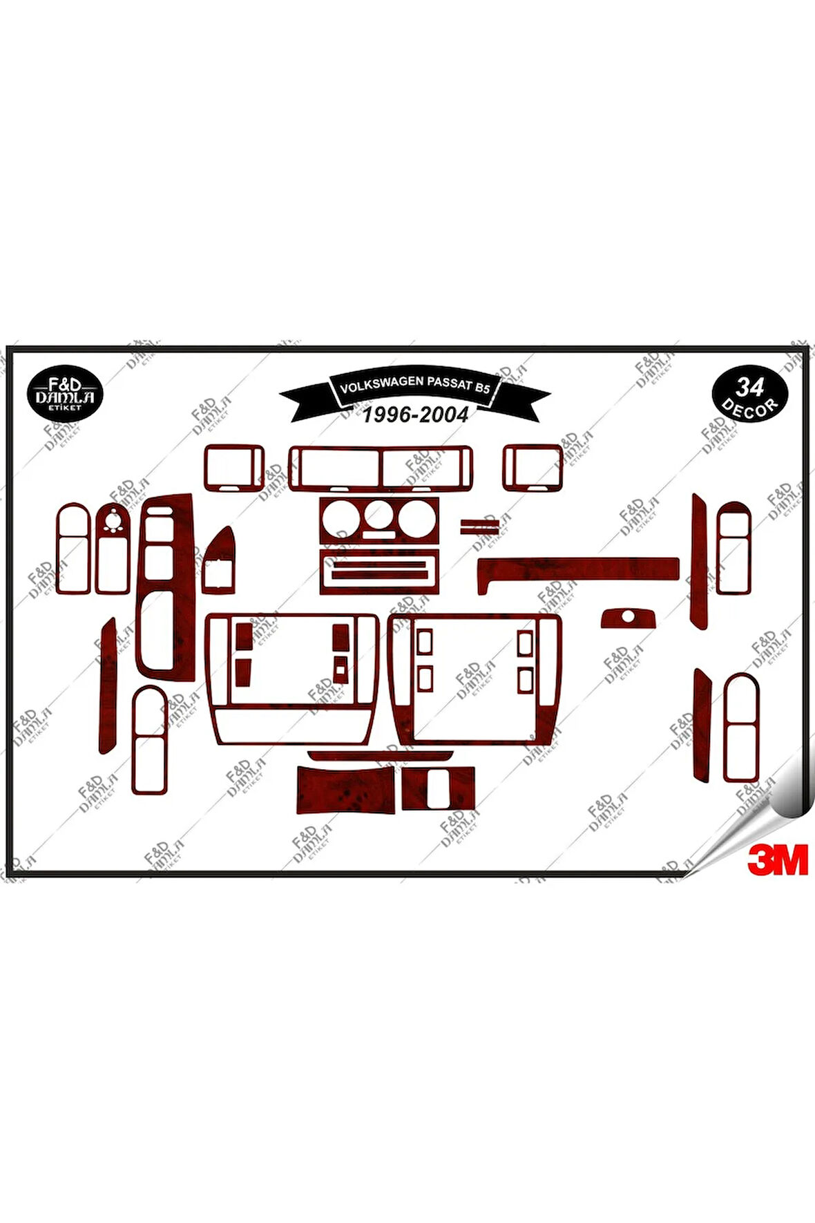 Volkswagen Passat B5 1996-2004 Torpido Konsol Trim Göğüs Maun Kaplama Set 34 Parça Maun