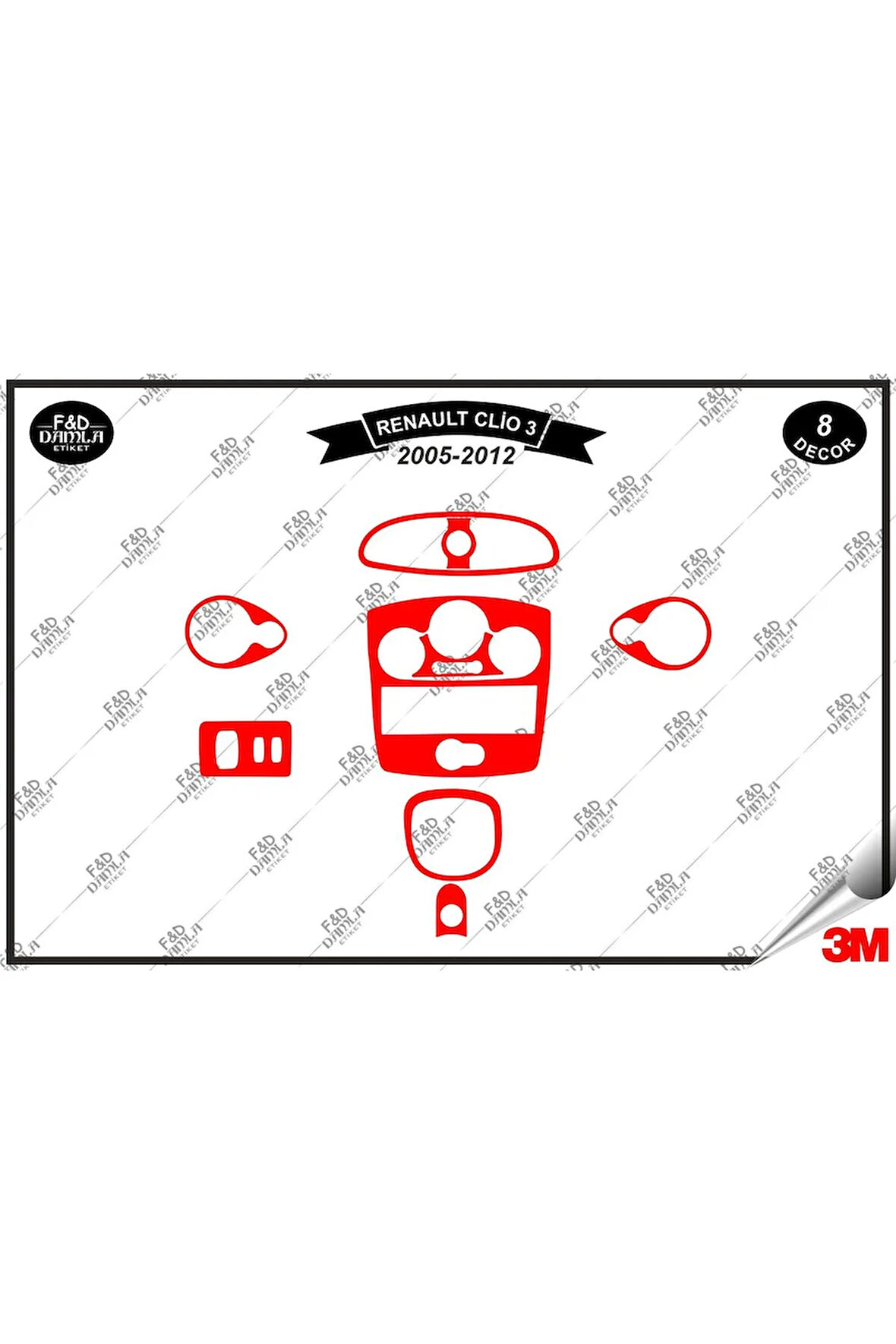 Renault Clio 3 (2005-2012)Torpido Konsol Trim Göğüs Maun Kaplama Set 8 Parça Kırmızı