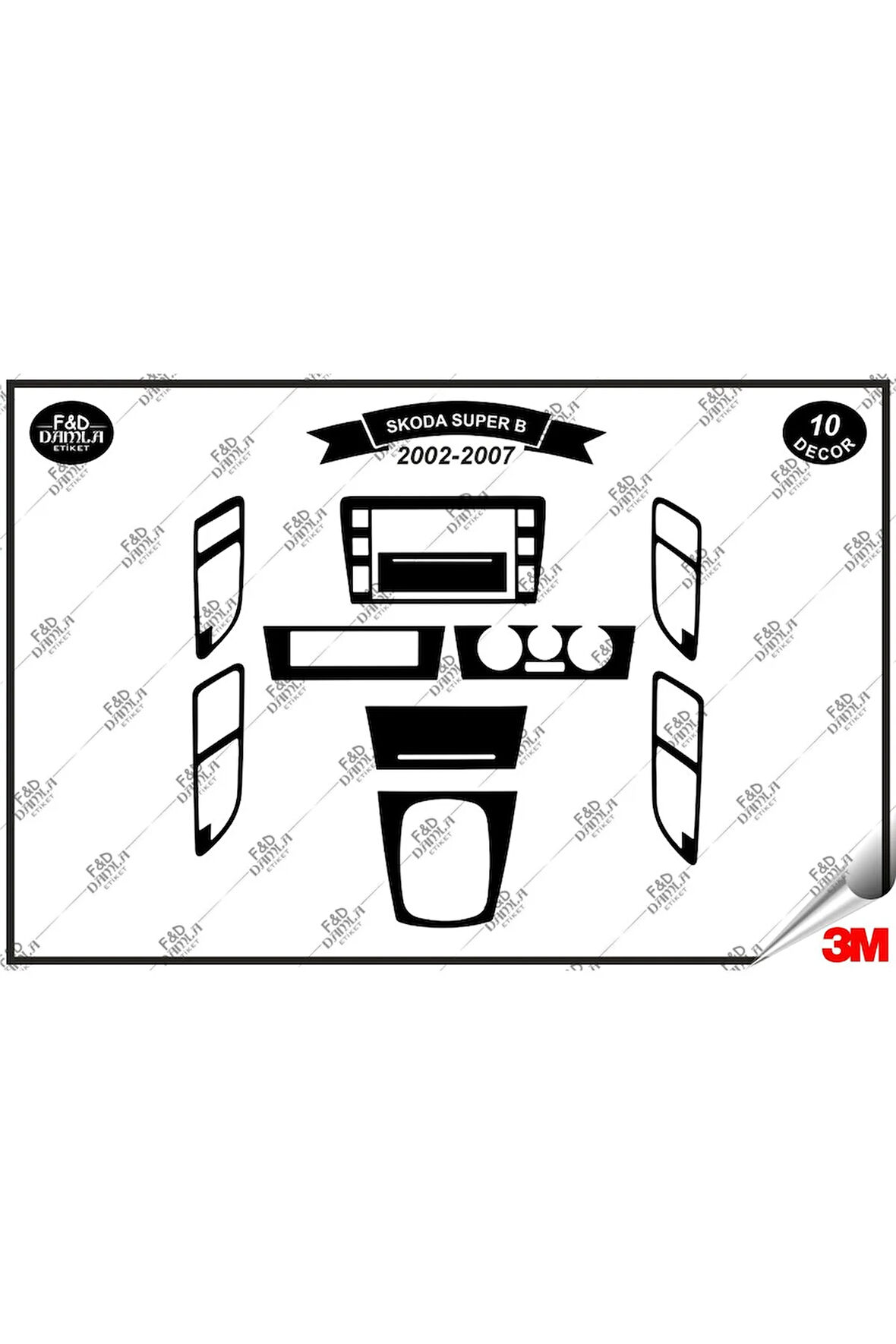 Skoda Suber B V2002-2007 Torpido Konsol Trim Göğüs Maun Kaplama Set 10 Parça Siyah