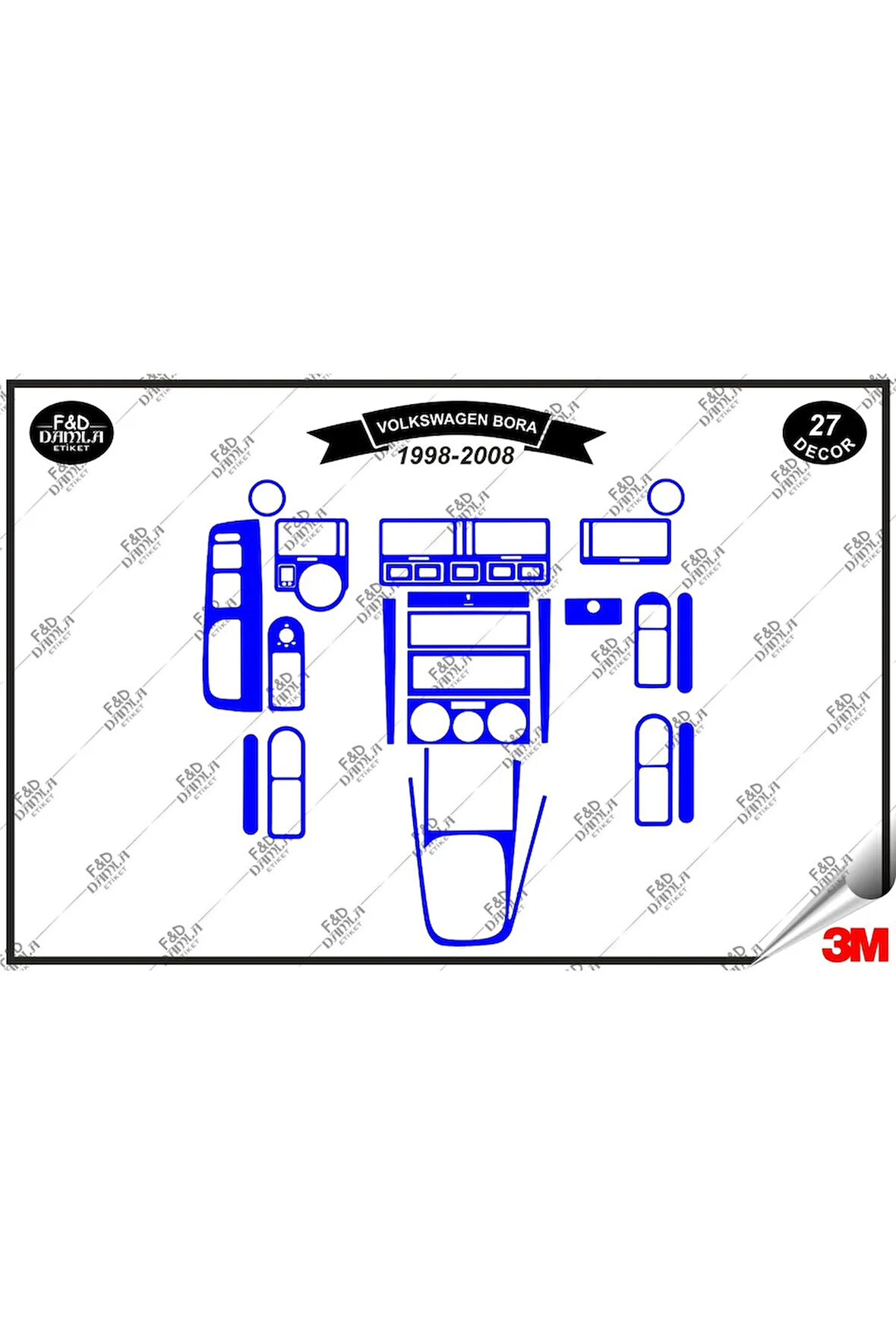 Volkswagen Bora 1998-2008 Torpido Konsol Trim Göğüs Maun Kaplama Set 27 Parça Mavi