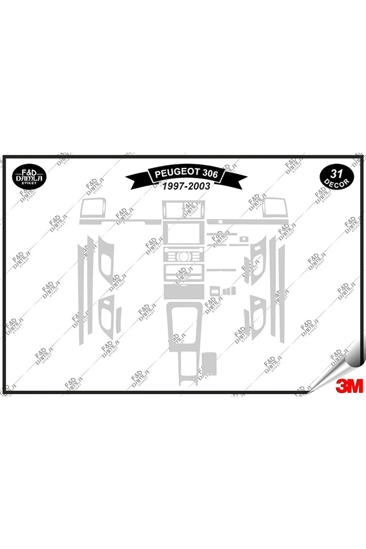 Peugeot 306 1997-2003 Torpido Konsol Trim Göğüs Maun Kaplama Set 31 Parça Gümüş