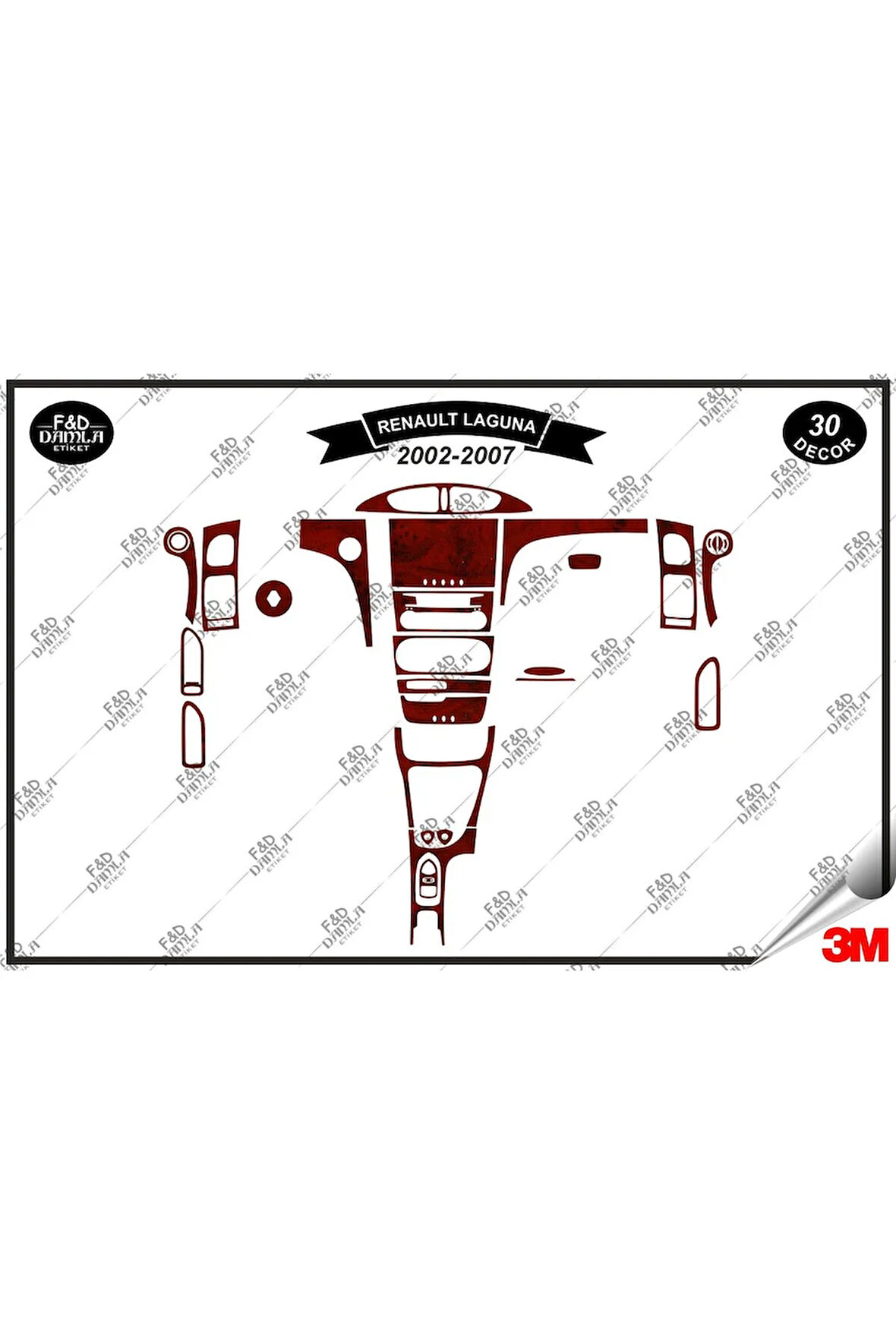 Renault Laguna 2002-2007 Torpido Konsol Trim Göğüs Maun Kaplama Set 30 Parça Maun