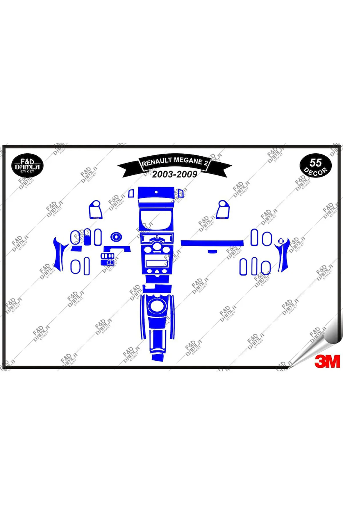 Renault Megane 2  Analog 2003-2009 Torpido Konsol Trim Göğüs Maun Kaplama Set 55 Parça Mavi