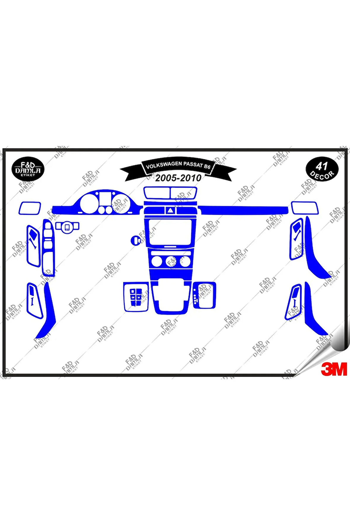 Volkswagen  Passat B6 2005-2010 Torpido Konsol Trim Göğüs Maun Kaplama Set 41 Parça Mavi