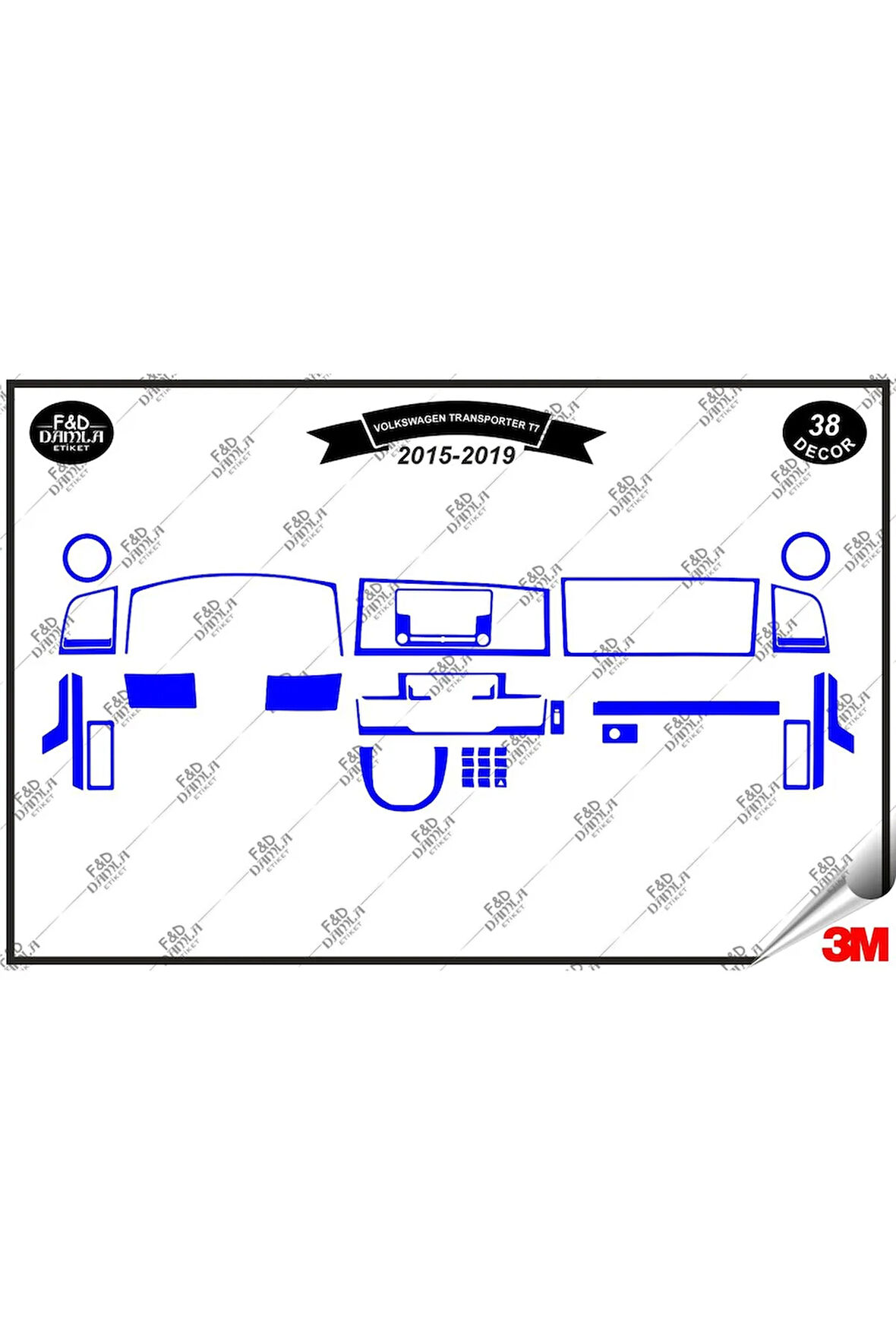 Volkswagen Transporter T7 2015-2019 Torpido Konsol Trim Göğüs Maun Kaplama Set 38 Parça Mavi