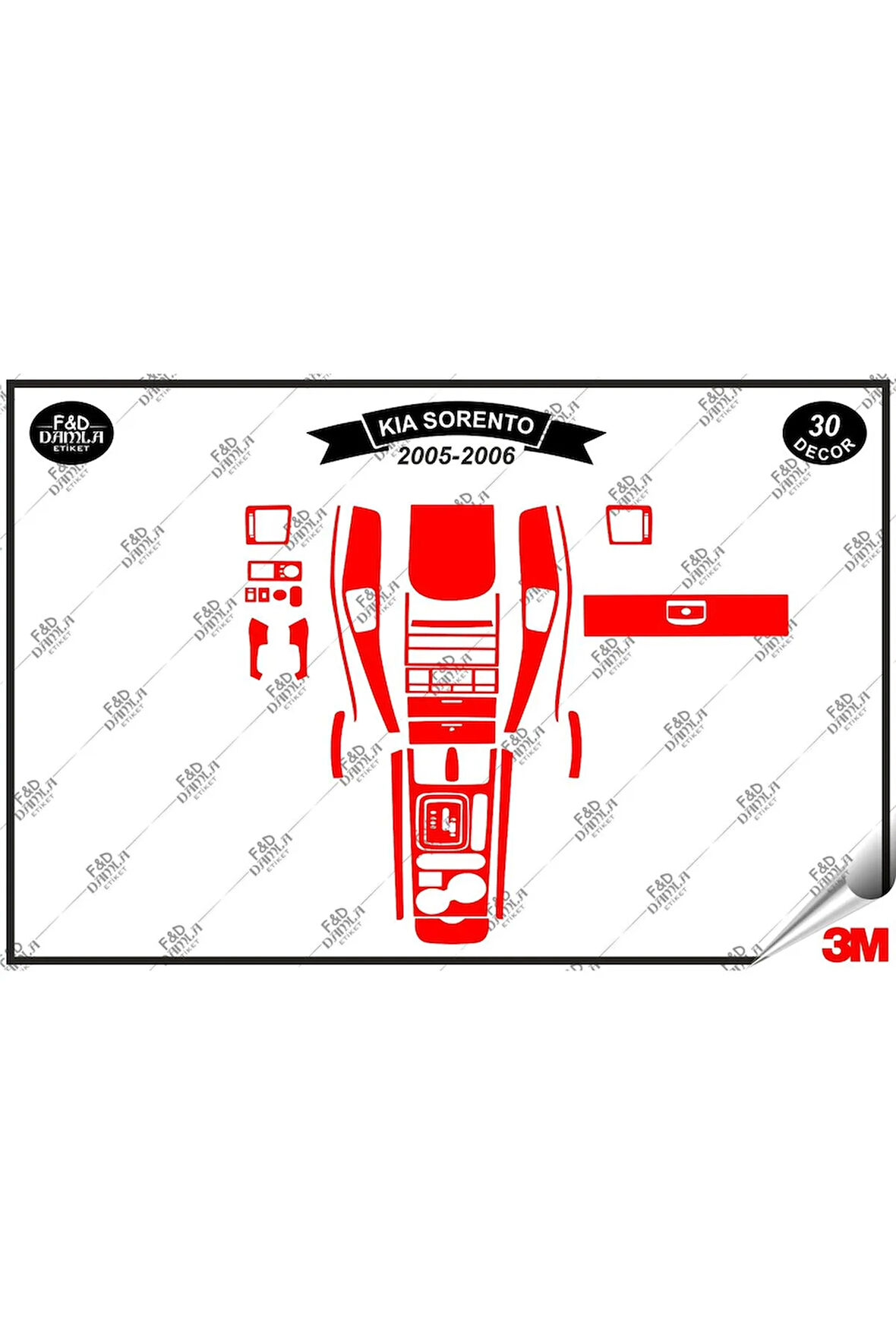 Kıa Sorento 2005-2006 Torpido Konsol Trim Göğüs Maun Kaplama Set 30 Parça Kırmızı