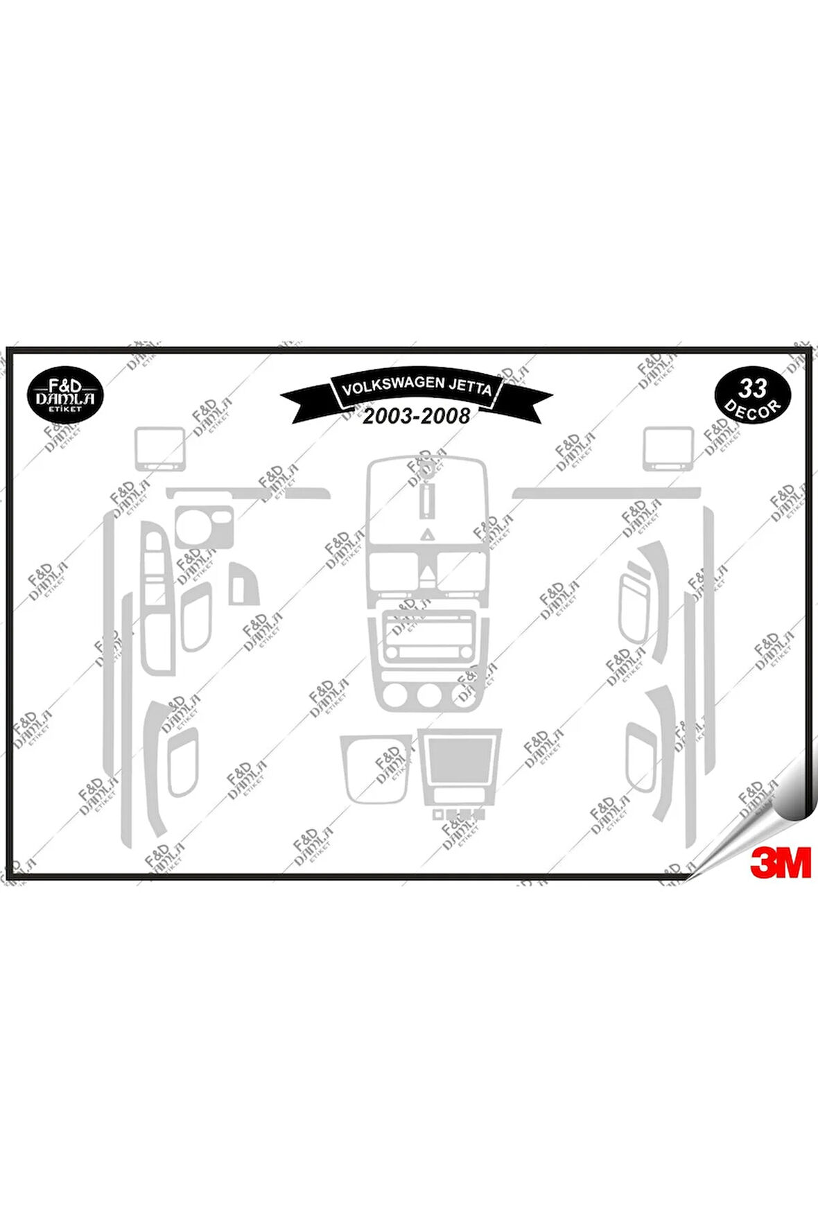 Volkswagen Jetta 2003-2008 Torpido Konsol Trim Göğüs Maun Kaplama Set 33 Parça Gümüş