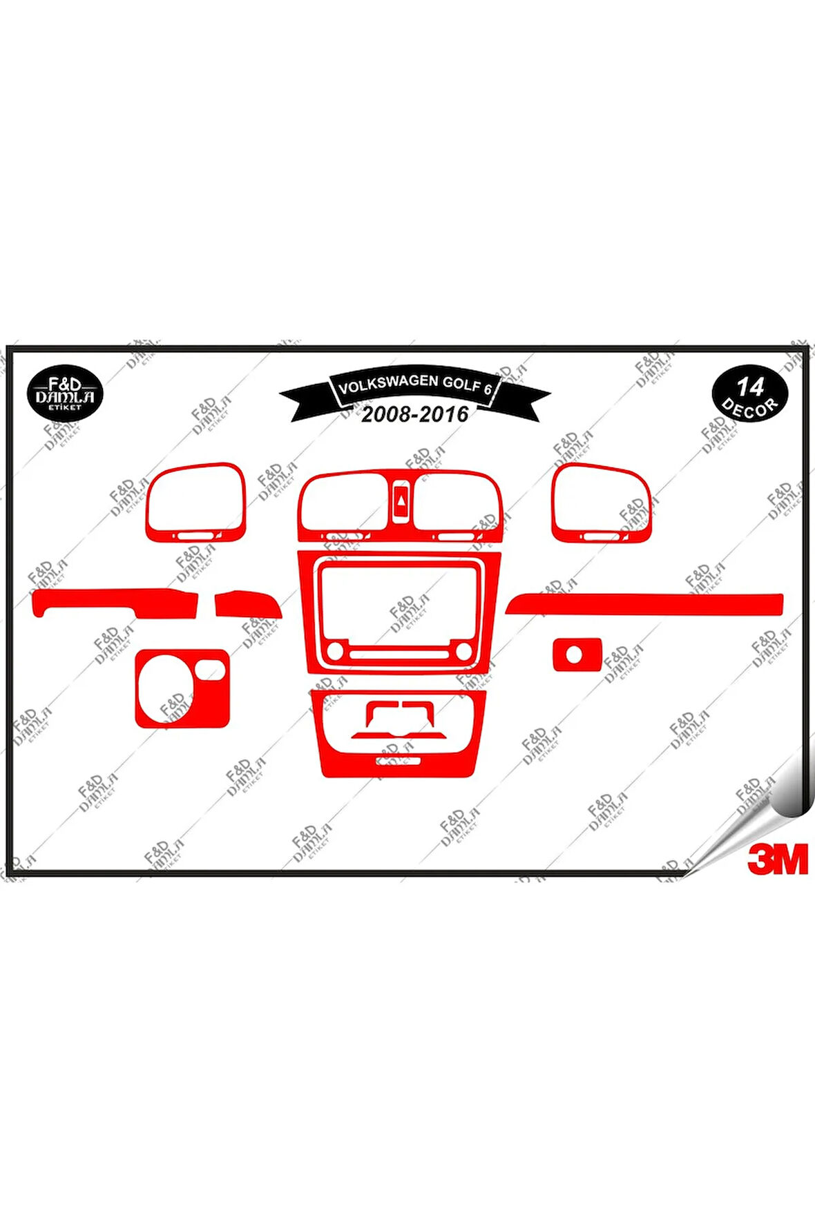 Volkswagen Golf 6 2008-2016 Torpido Konsol Trim Göğüs Maun Kaplama Set 14 Parça Kırmızı