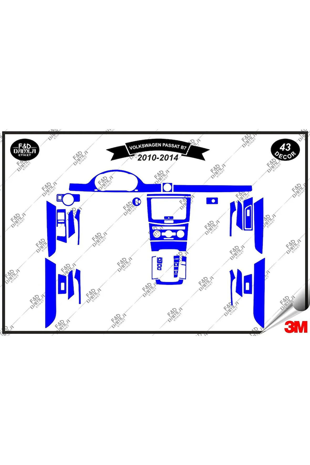 Volkswagen Passat B7 2010-2014 Torpido Konsol Trim Göğüs Maun Kaplama Set 43 Parça Mavi