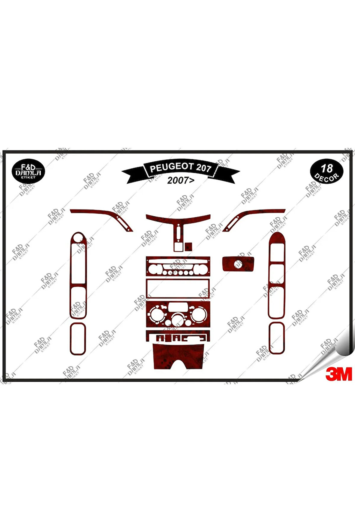 Peugeot 207 (2007) Torpido Konsol Trim Göğüs Maun Kaplama Set 18 Parça Maun
