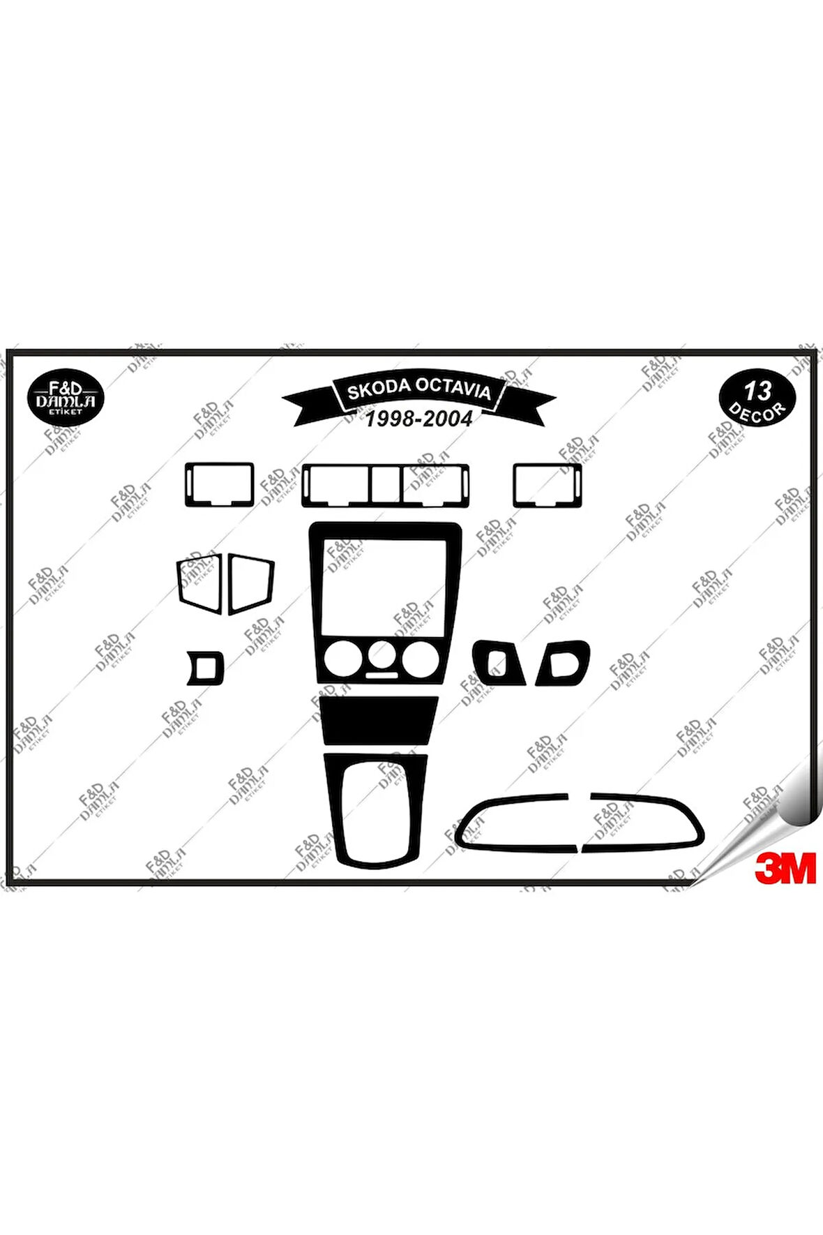 Skoda Octavia 1998-2004 Torpido Konsol Trim Göğüs Maun Kaplama Set 13 Parça Siyah