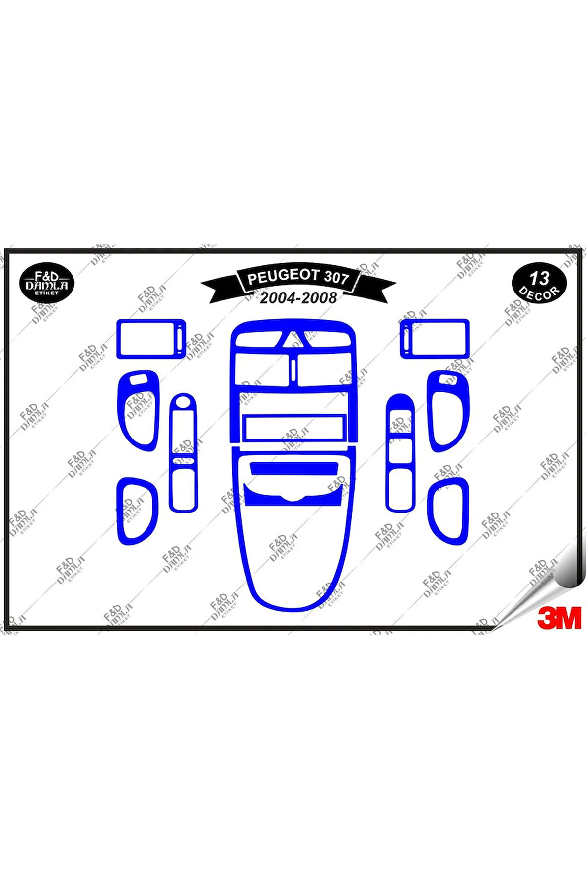 Peugeot 307 2004-2008 Torpido Konsol Trim Göğüs Maun Kaplama Set 13 Parça Mavi