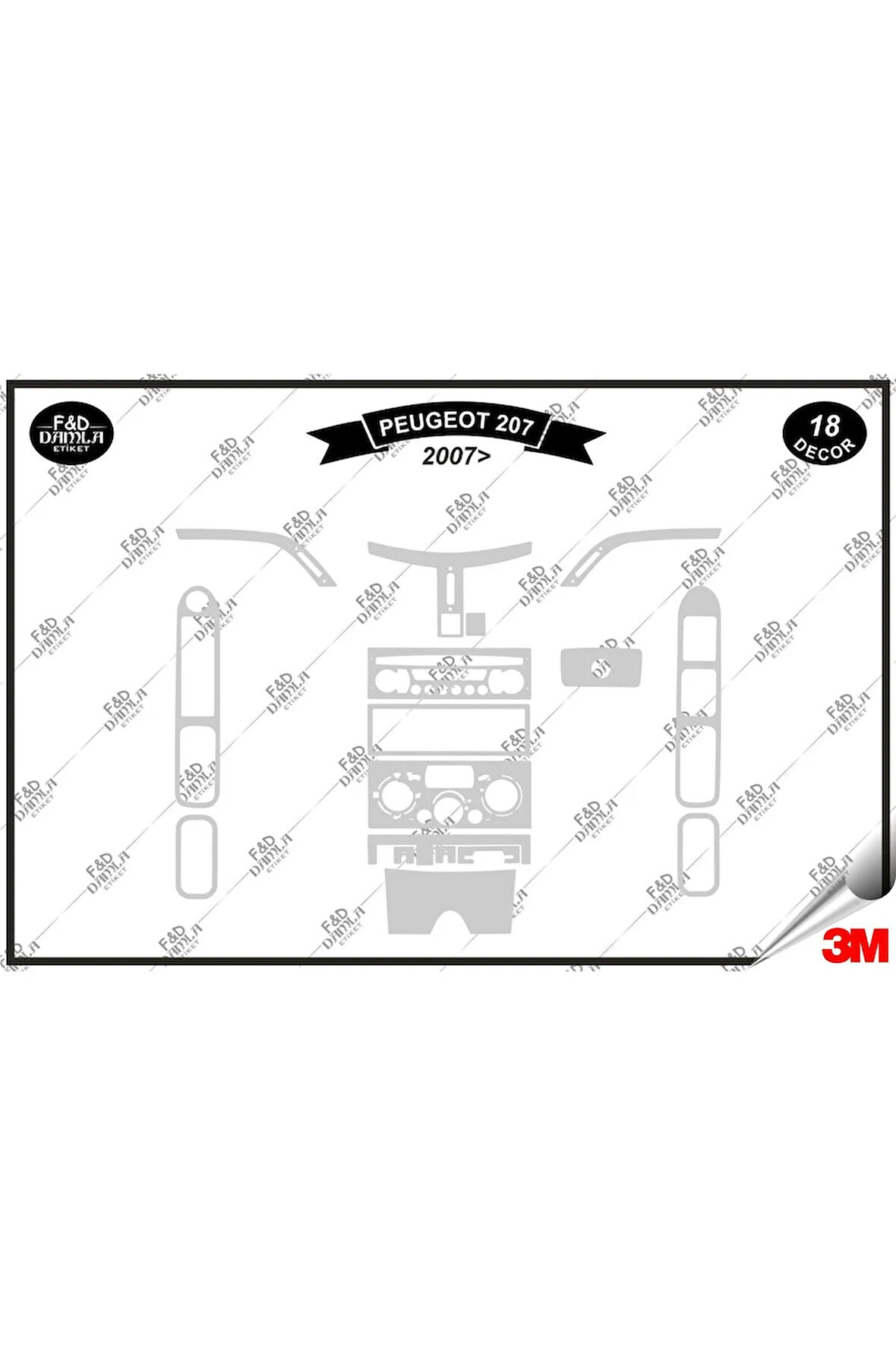 Peugeot 207 (2007) Torpido Konsol Trim Göğüs Maun Kaplama Set 18 Parça Gümüş