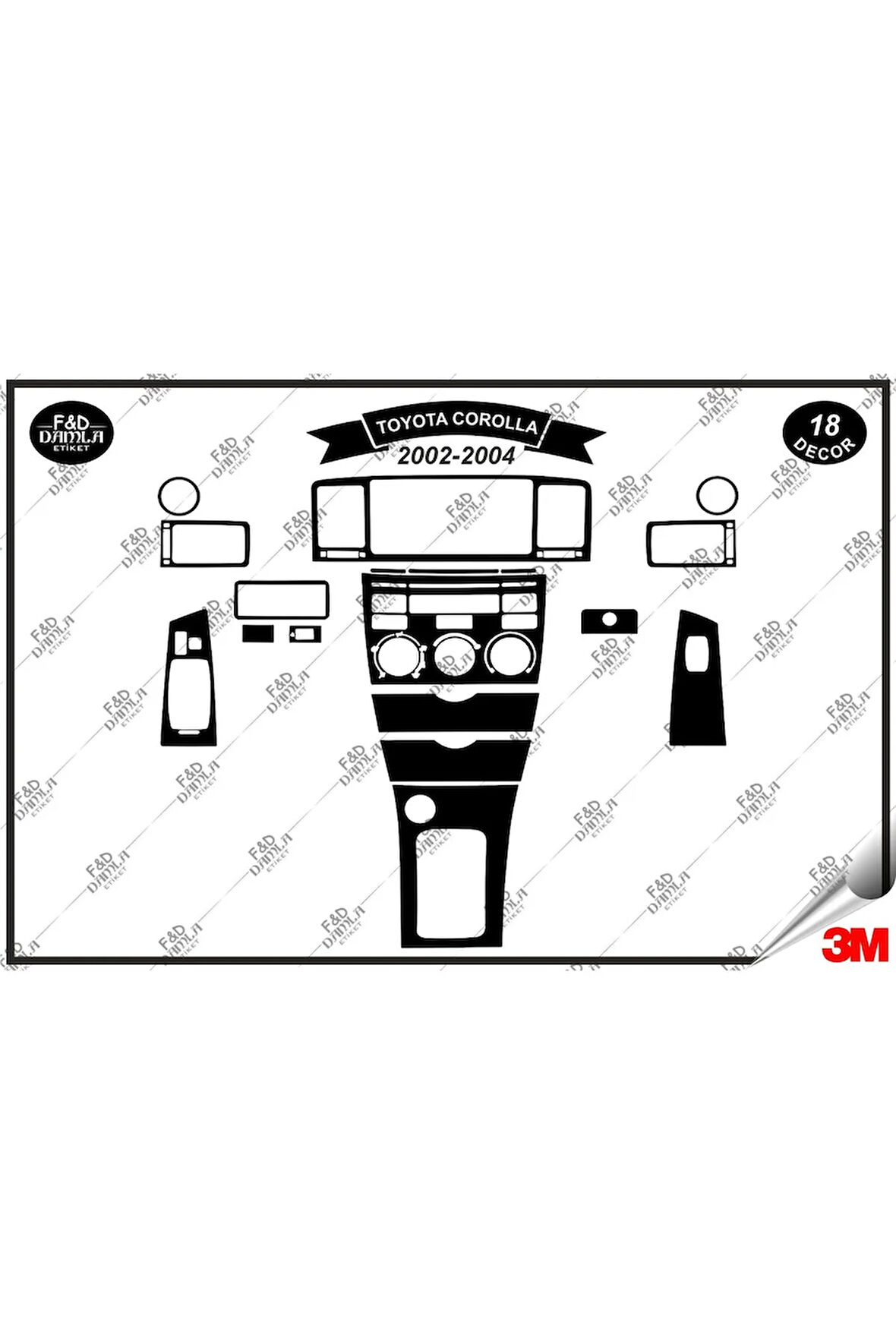 Toyota Corolla 2002-2004 Torpido Konsol Trim Göğüs Maun Kaplama Set 18 Parça Siyah