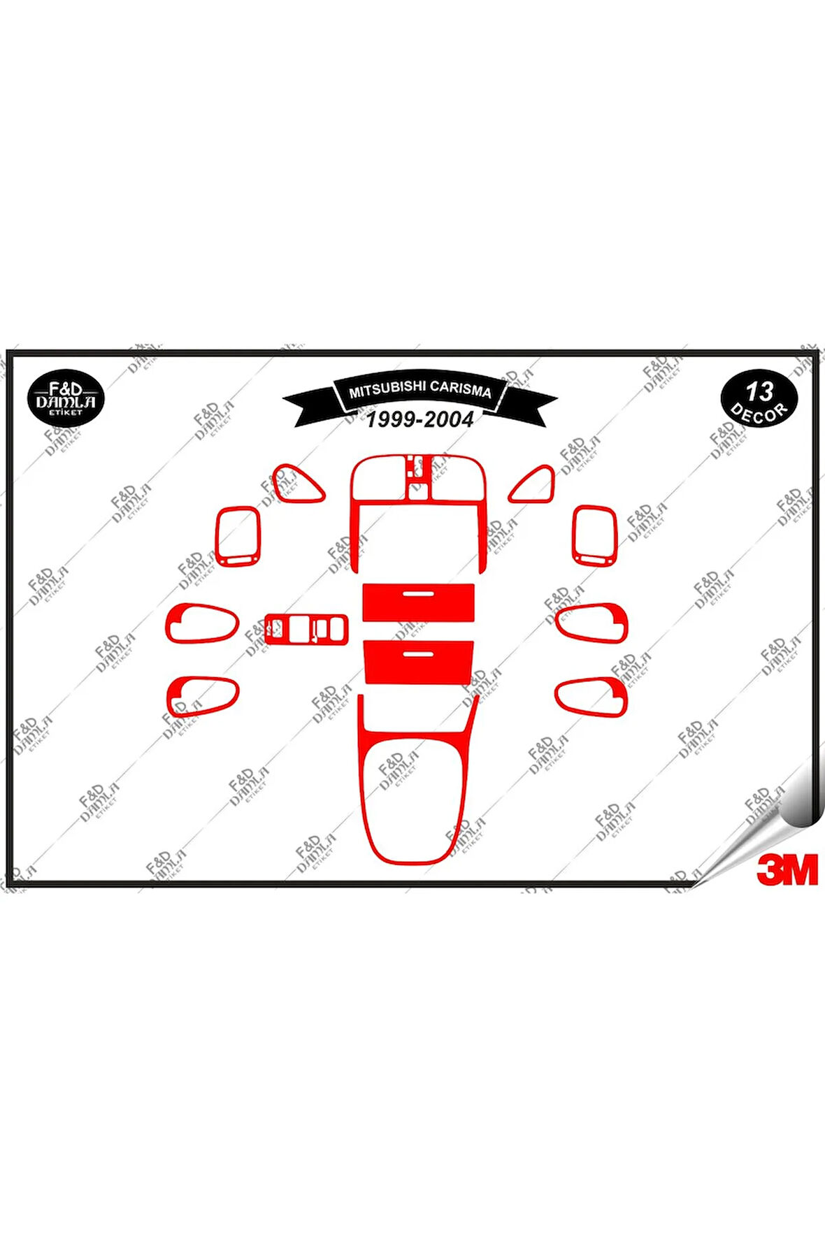 Mitsubishi Carisma 1999-2004 Torpido Konsol Trim Göğüs Maun Kaplama Set 13 Parça Kırmızı