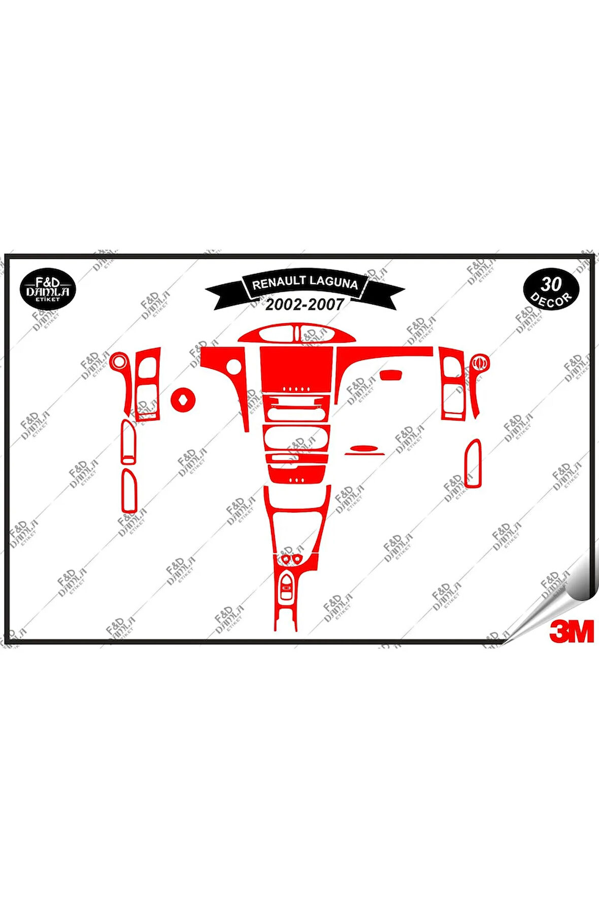 Renault Laguna 2002-2007 Torpido Konsol Trim Göğüs Maun Kaplama Set 30 Parça Kırmızı