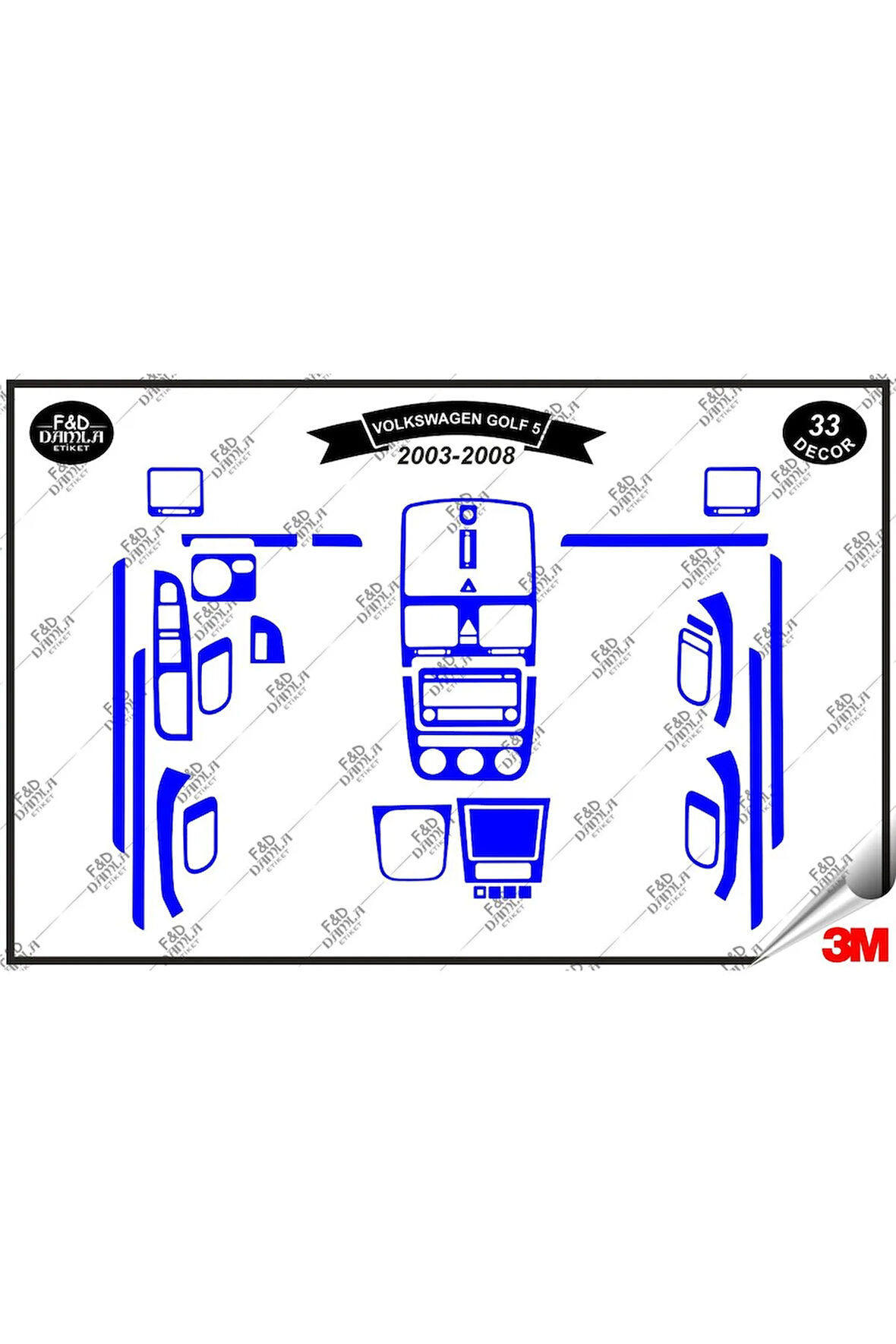 Volkswagen Golf 5 2003-2008 Torpido Konsol Trim Göğüs Maun Kaplama Set 33 Parça Mavi