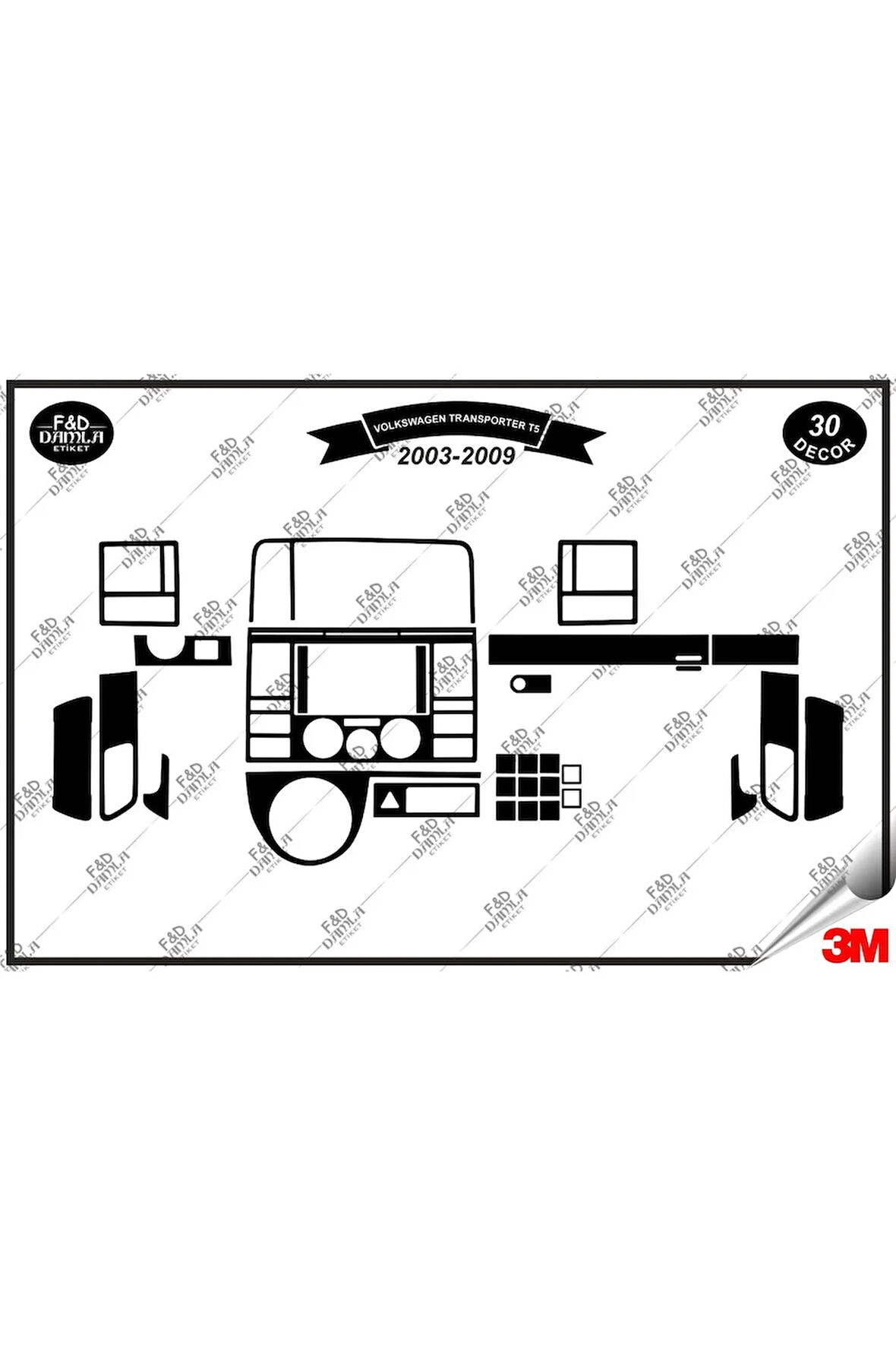 Volkswagen Transporter T5 2003-2009 Torpido Konsol Trim Göğüs Maun Kaplama Set 30 Parça Siyah