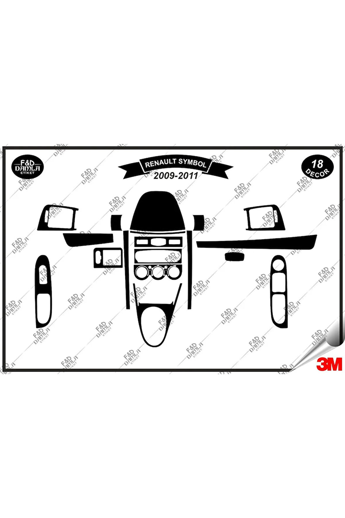 Renault Symbol 2009-2011 Torpido Konsol Trim Göğüs Maun Kaplama Set 18 Parça Siyah