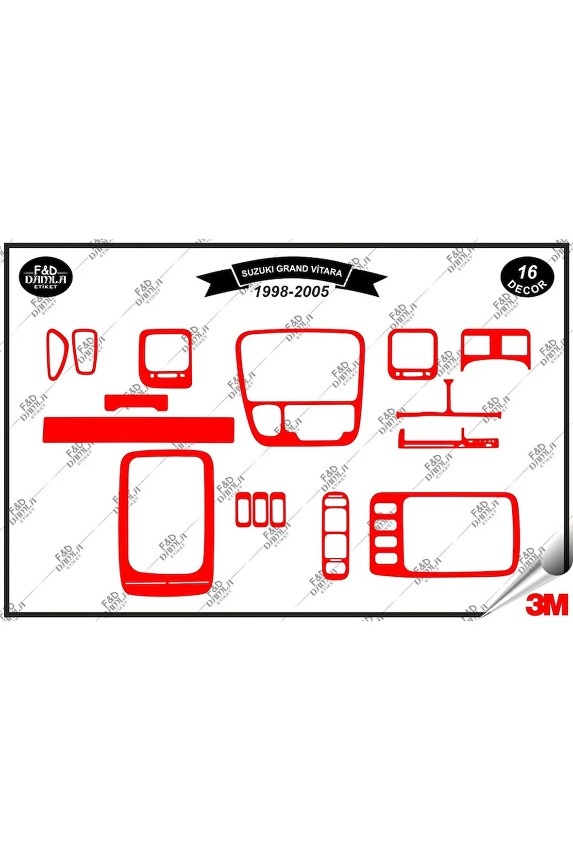 Suzuki Grand Vitara 1998-2005 Torpido Konsol Trim Göğüs Maun Kaplama Set 16 Parça Kırmızı