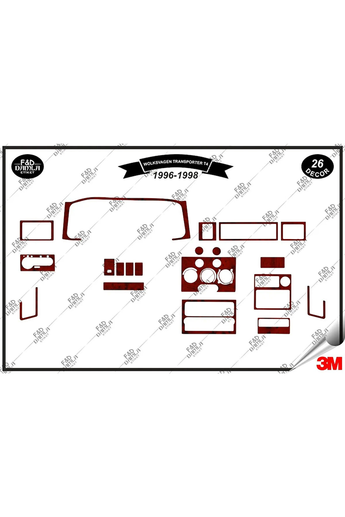 Volkswagen Transporter T4 1996-1998 Torpido Konsol Trim Göğüs Maun Kaplama Set 26 Parça Maun