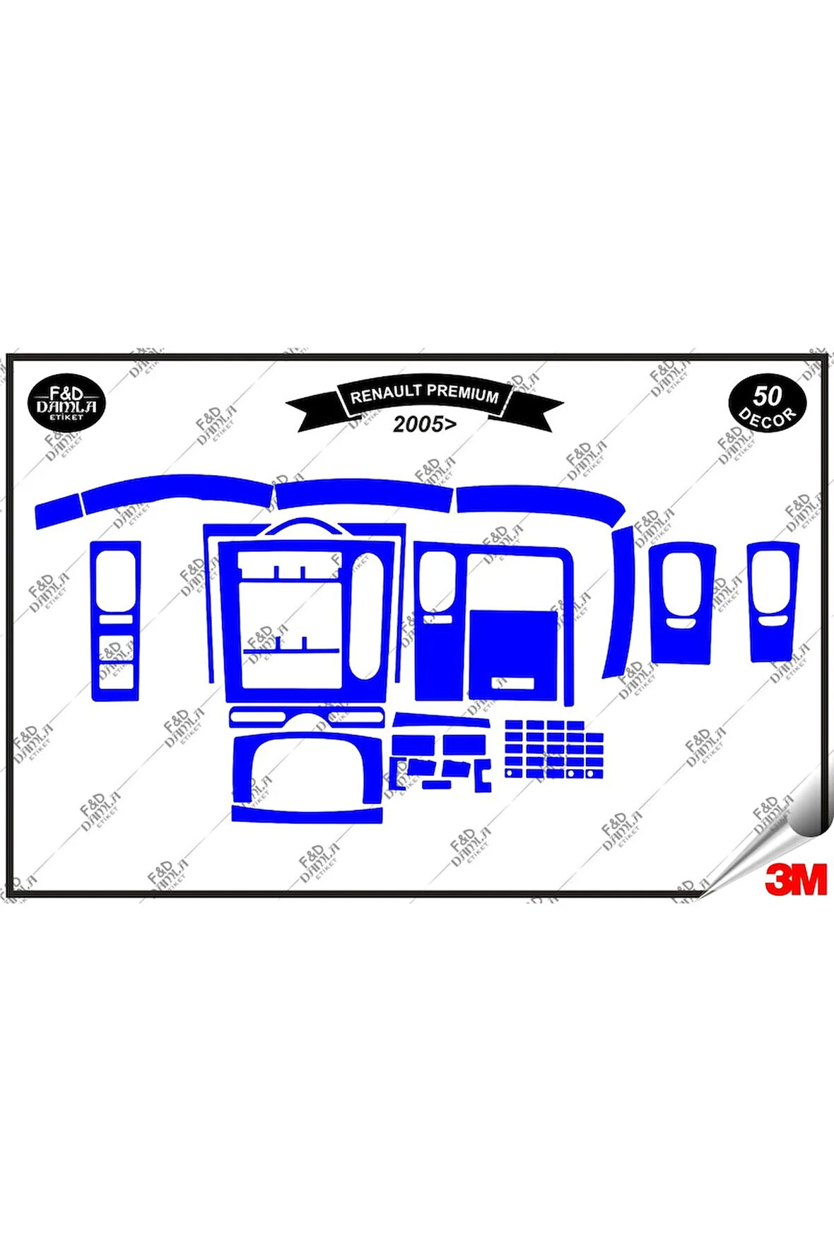 Renault Premium 2005 Torpido Konsol Trim Göğüs Maun Kaplama Set 50 Parça Mavi