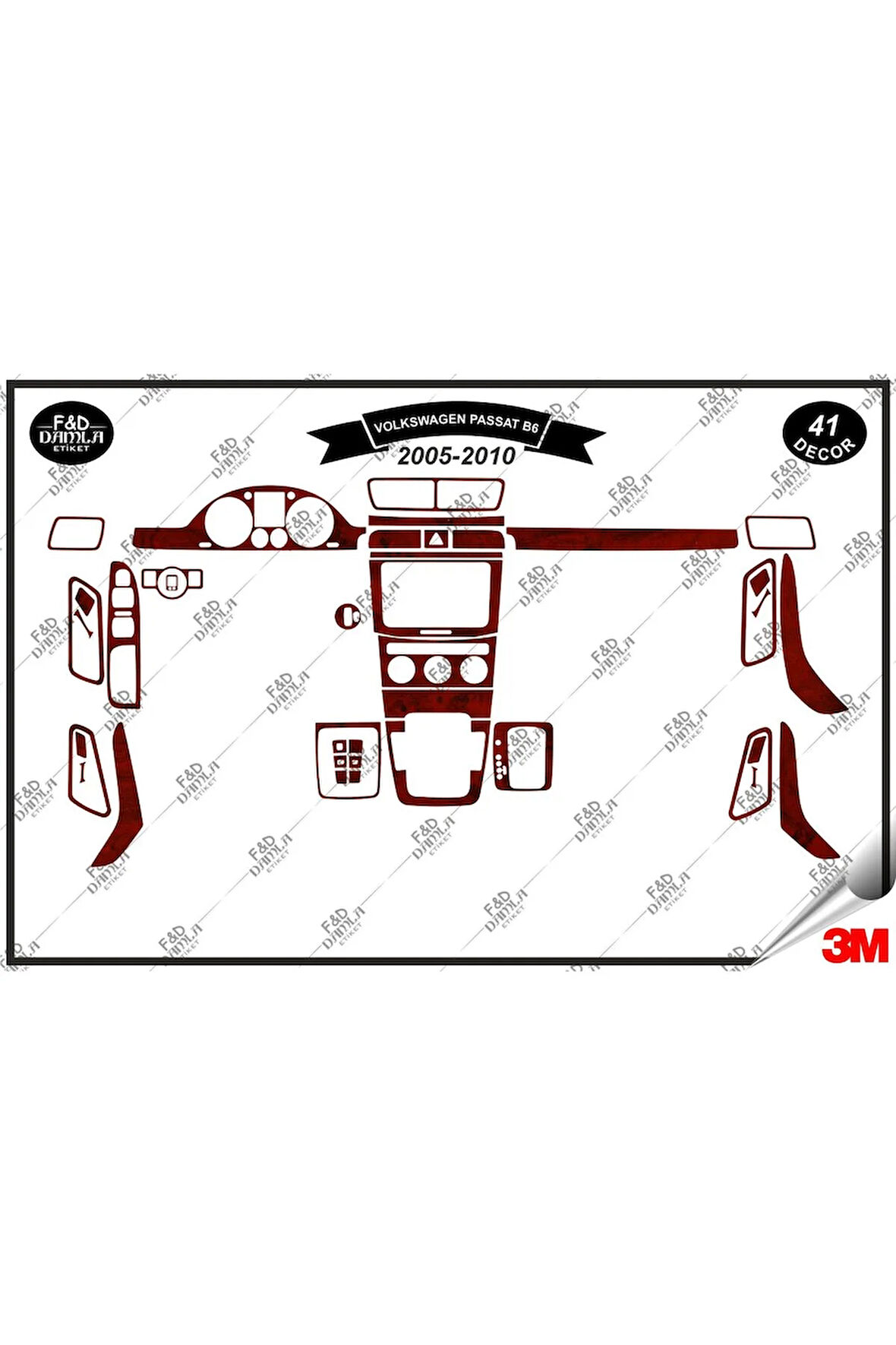 Volkswagen Passat B6 2005-2010 Torpido Konsol Trim Göğüs Maun Kaplama Set 41 Parça Maun