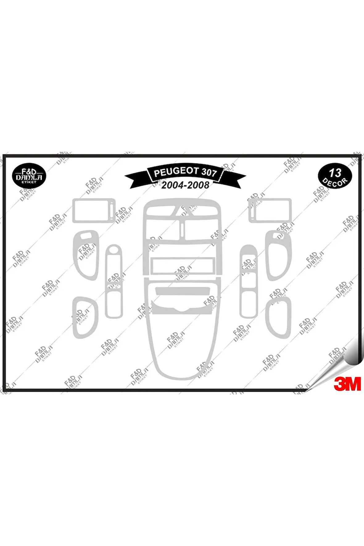 Peugeot 307 2004-2008 Torpido Konsol Trim Göğüs Maun Kaplama Set 13 Parça Gümüş