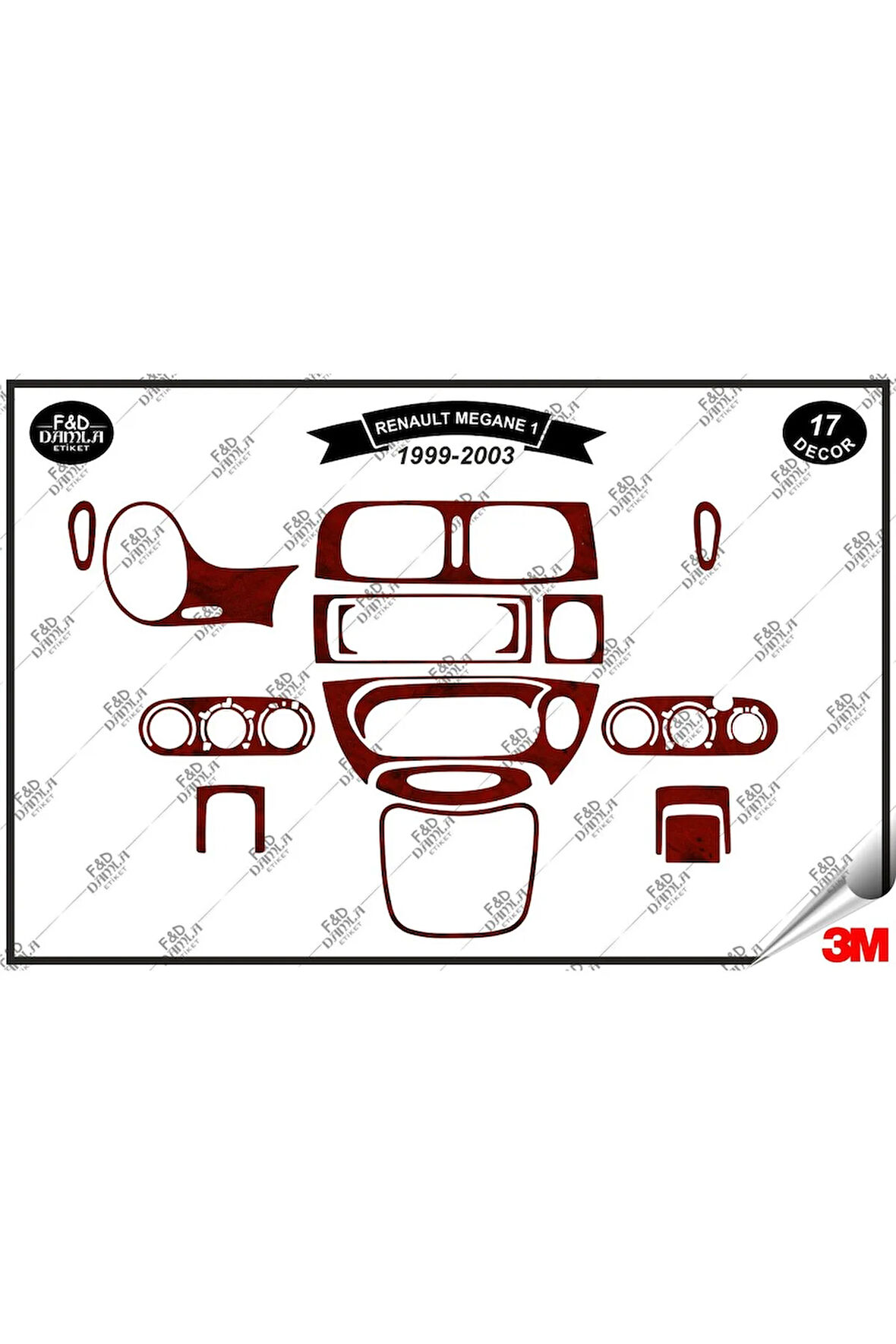 Renault Megane 1 (1999-2003) Torpido Konsol Trim Göğüs Maun Kaplama Set 17 Parça Maun
