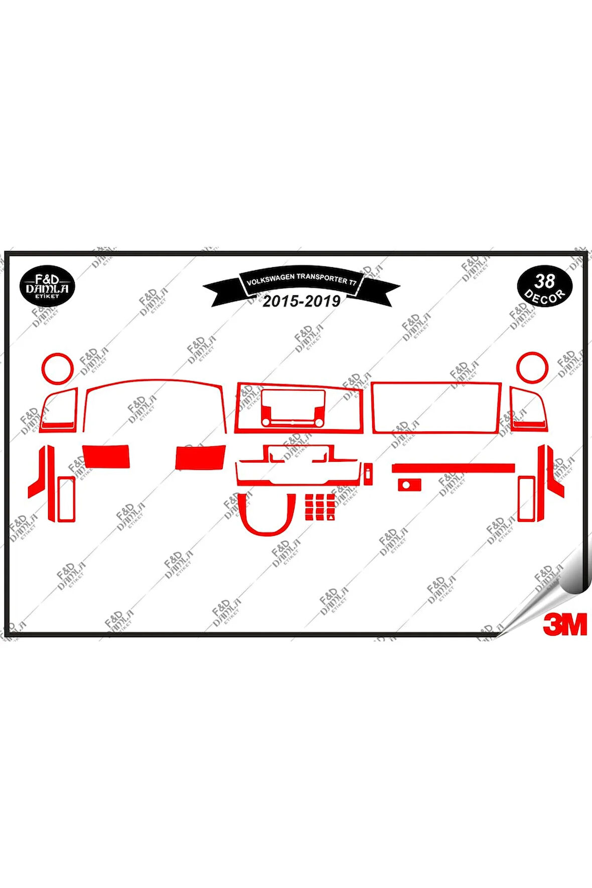 Volkswagen Transporter T7 2015-2019 Torpido Konsol Trim Göğüs Maun Kaplama Set 38 Parça Kırmızı