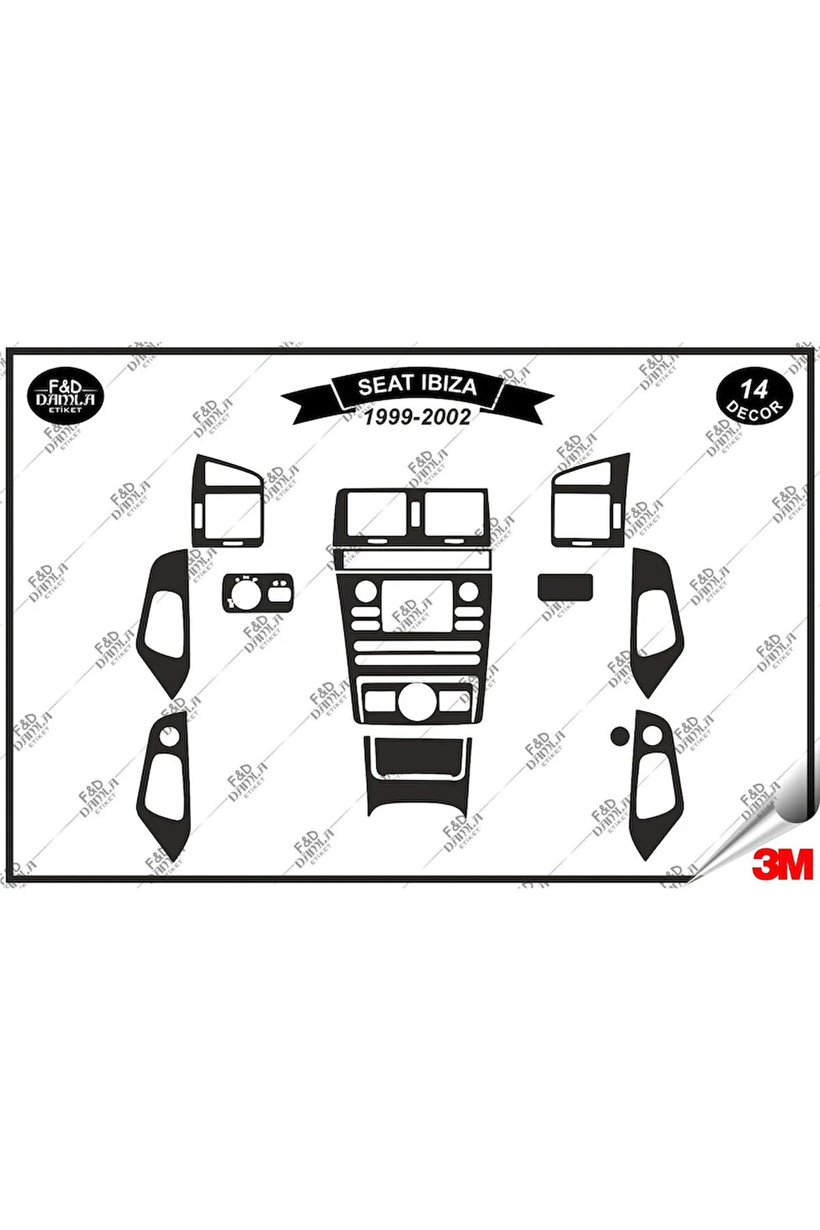 Seat İbiza 1999-2002 Torpido Konsol Trim Göğüs Maun Kaplama Set 14 Parça Siyah