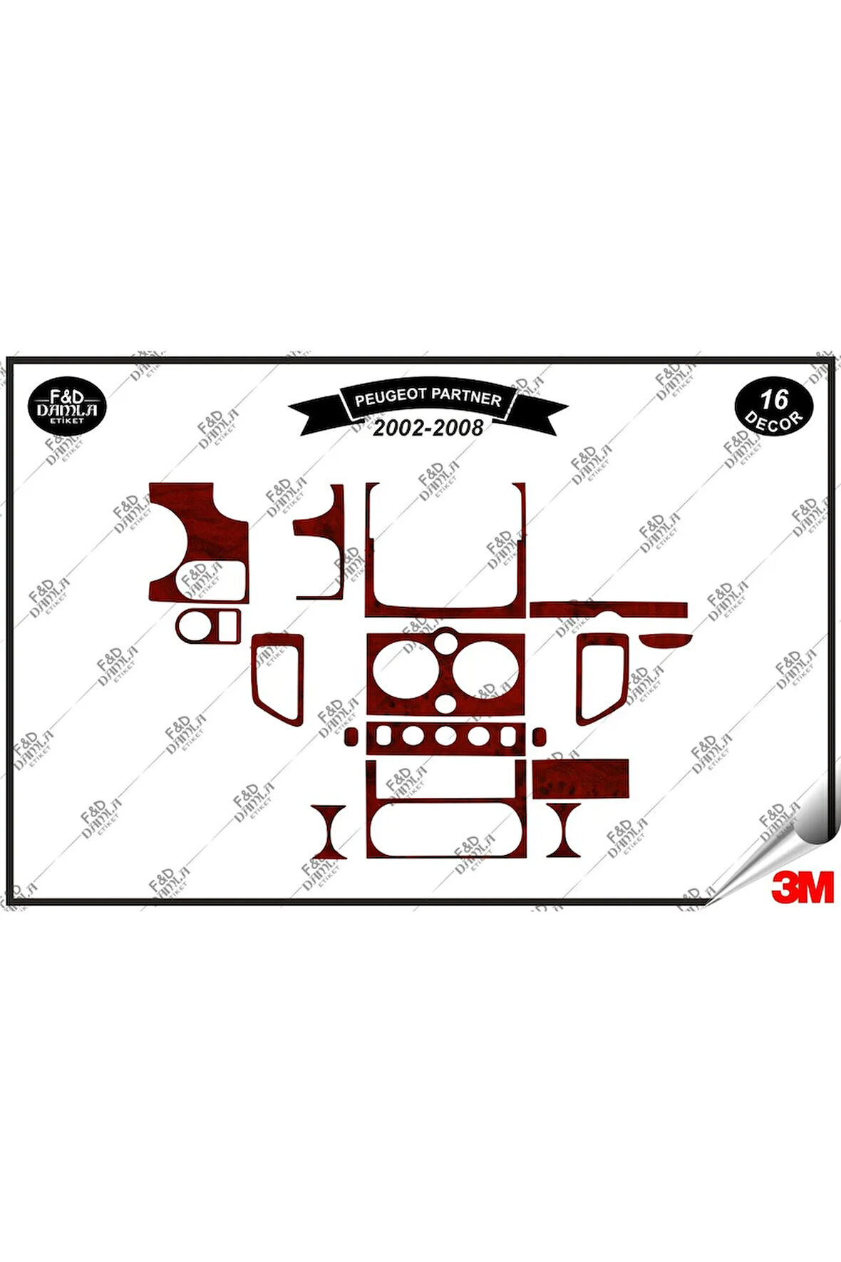 Peugeot Partner 2002 -2008 Torpido Konsol Trim Göğüs Maun Kaplama Set 16 Parça Maun