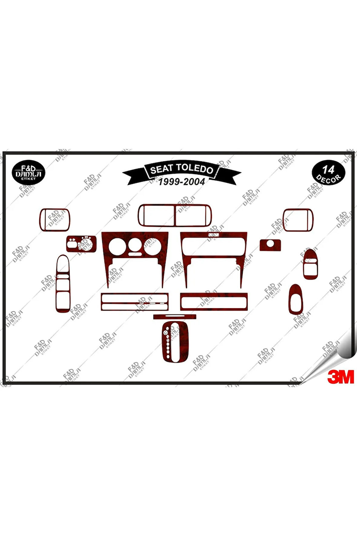Seat Toledo 1999-2004 Torpido Konsol Trim Göğüs Maun Kaplama Set 14 Parça Maun