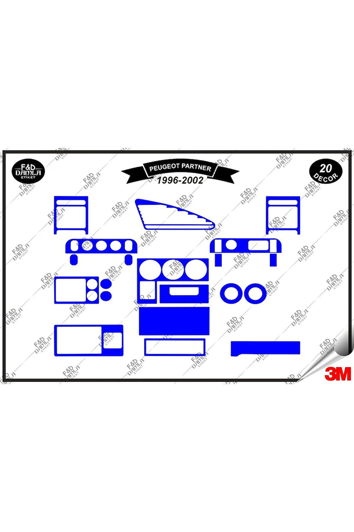Peugeot Partner 1996-2002 Torpido Konsol Trim Göğüs Maun Kaplama Set 20 Parça Mavi
