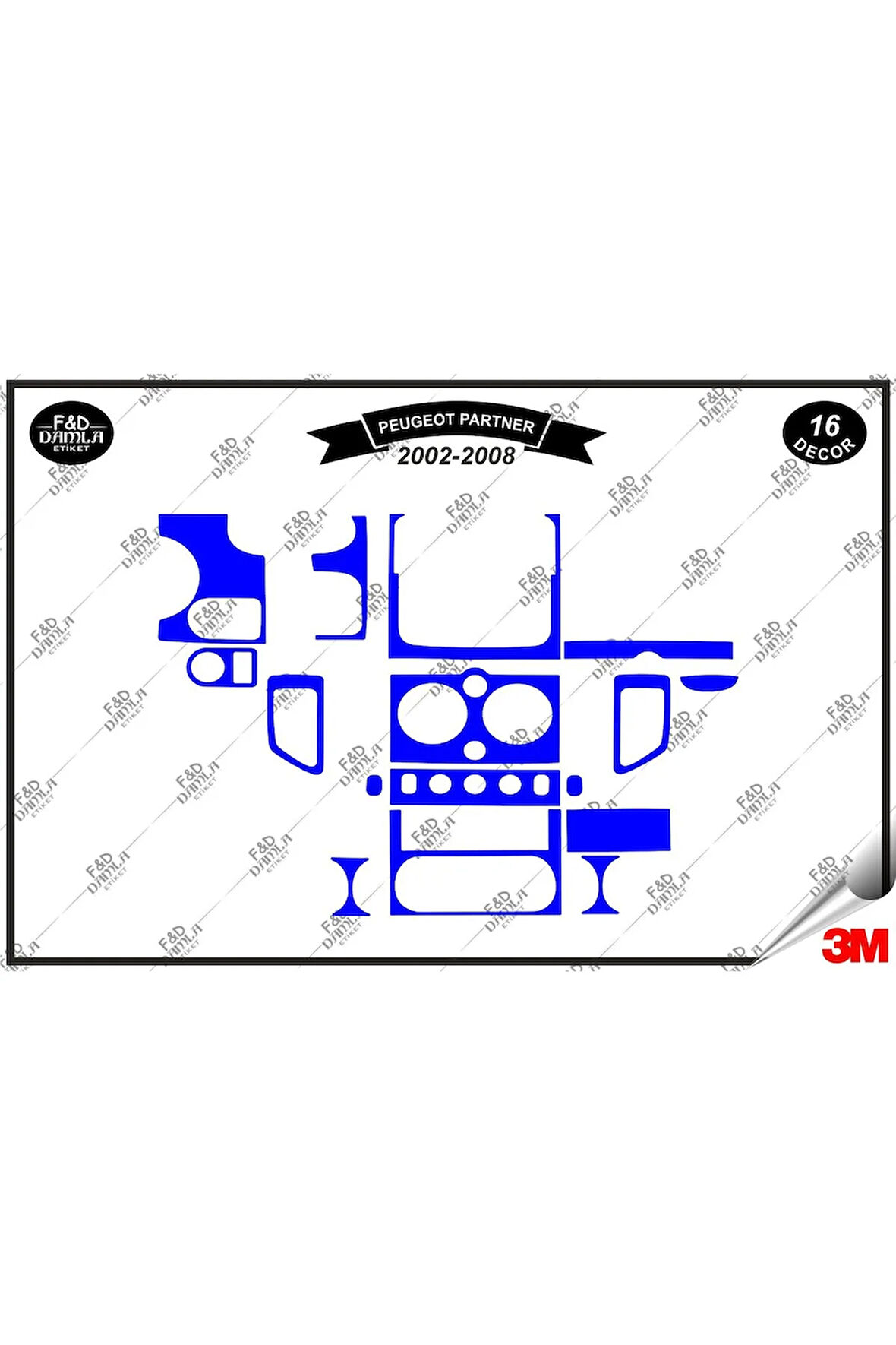 Peugeot Partner 2002 -2008 Torpido Konsol Trim Göğüs Maun Kaplama Set 16 Parça Mavi