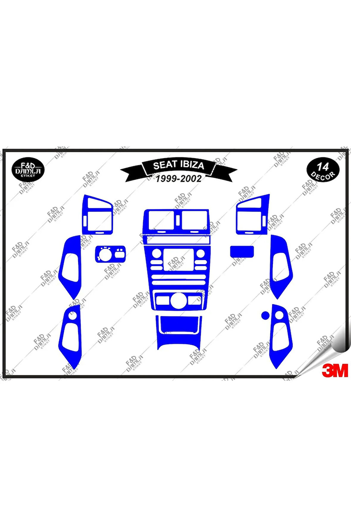 Seat İbiza 1999-2002 Torpido Konsol Trim Göğüs Maun Kaplama Set 14 Parça Mavi