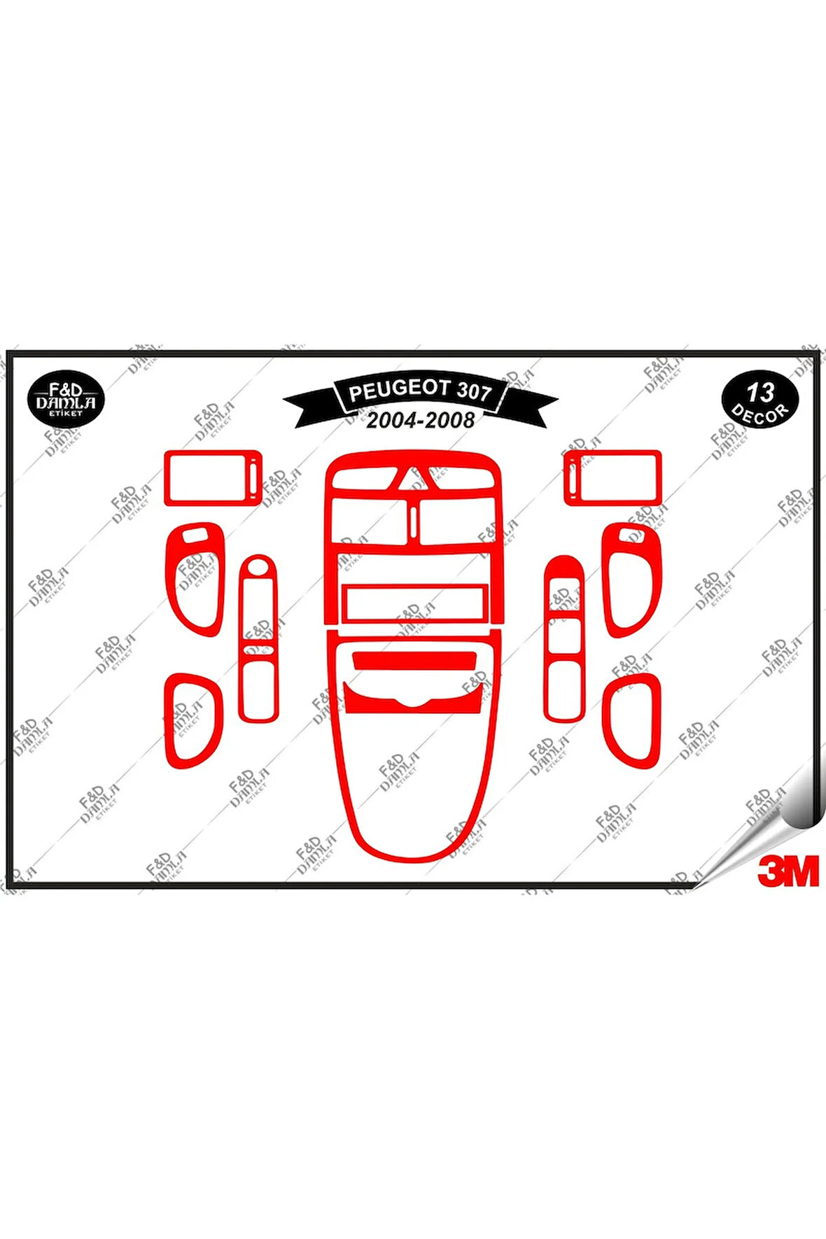 Peugeot 307 2004-2008 Torpido Konsol Trim Göğüs Maun Kaplama Set 13 Parça Kırmızı