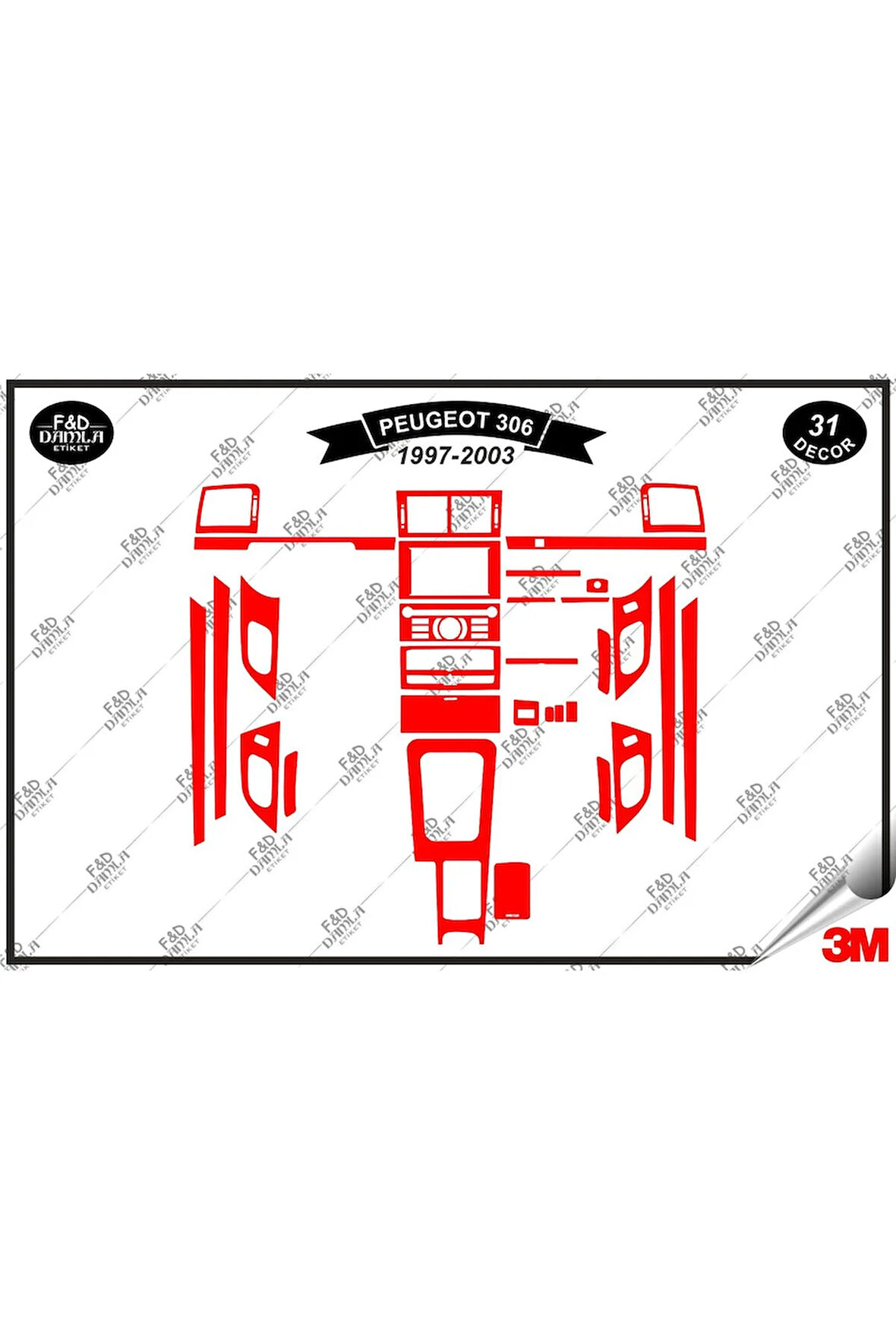Peugeot 306 1997-2003 Torpido Konsol Trim Göğüs Maun Kaplama Set 31 Parça Kırmızı